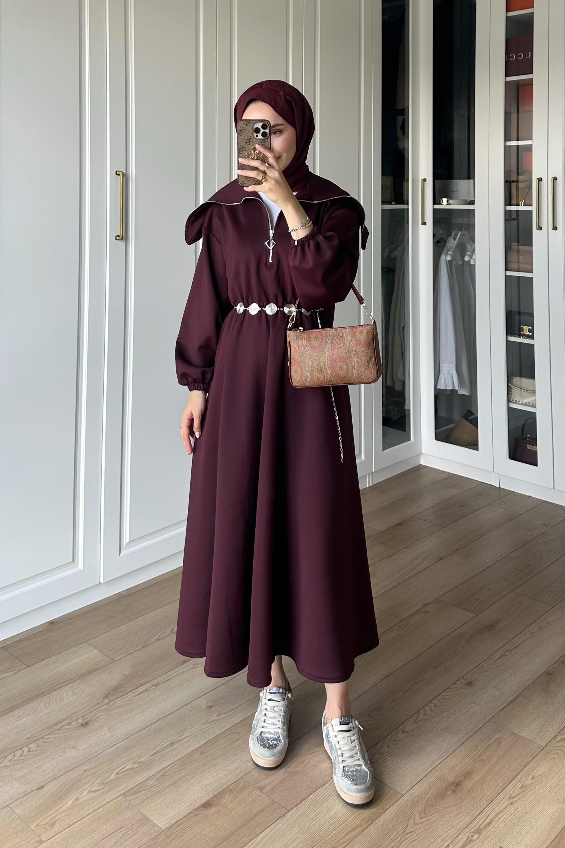 Mordino Yaka Detay Scuba Elbise - BORDO