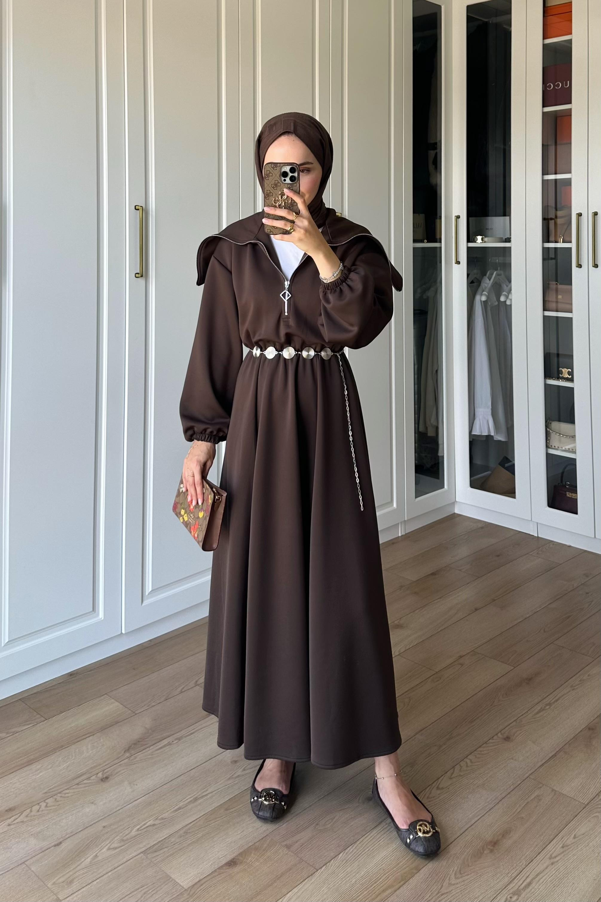 Mordino Yaka Detay Scuba Elbise - KAHVE