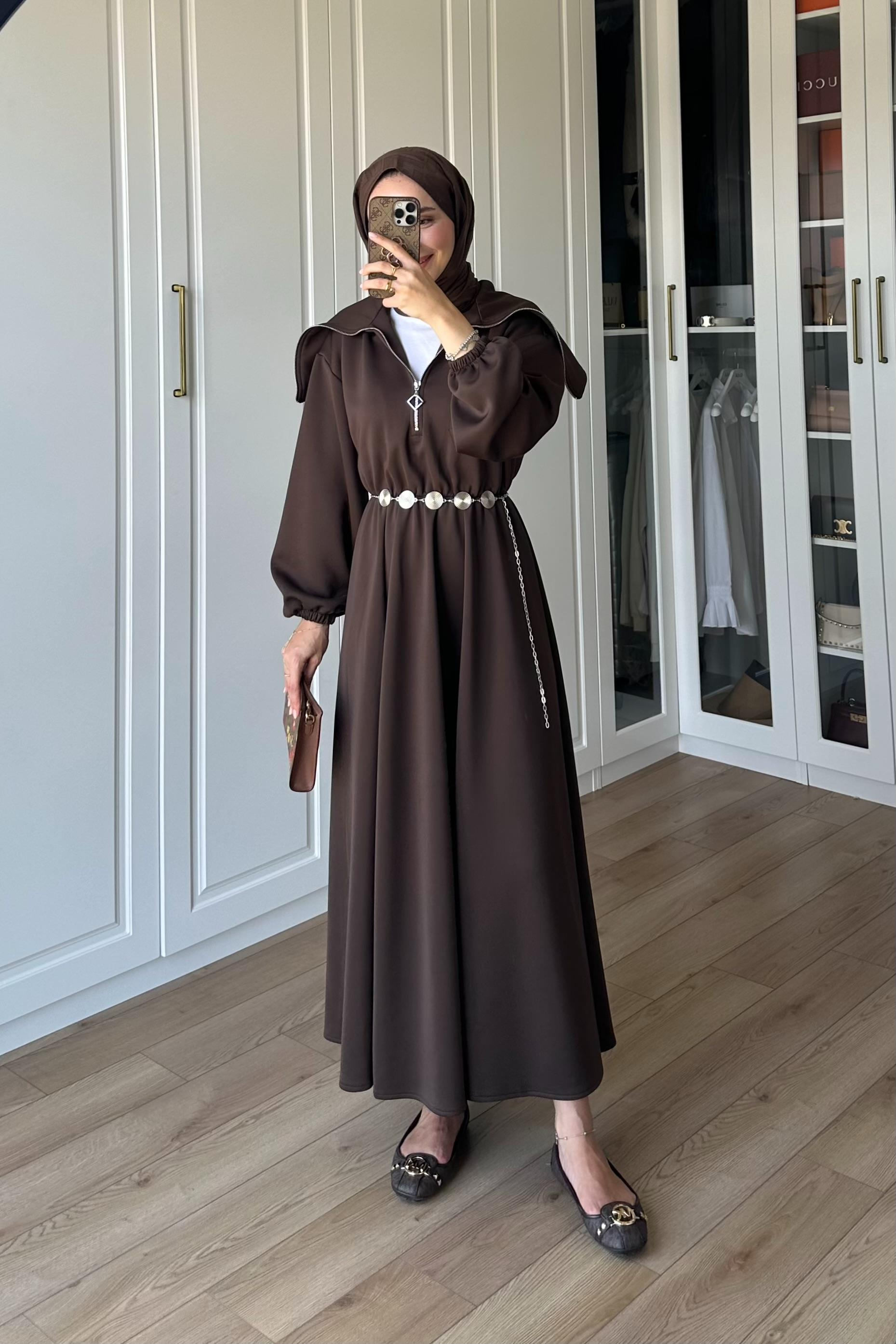 Mordino Yaka Detay Scuba Elbise - KAHVE