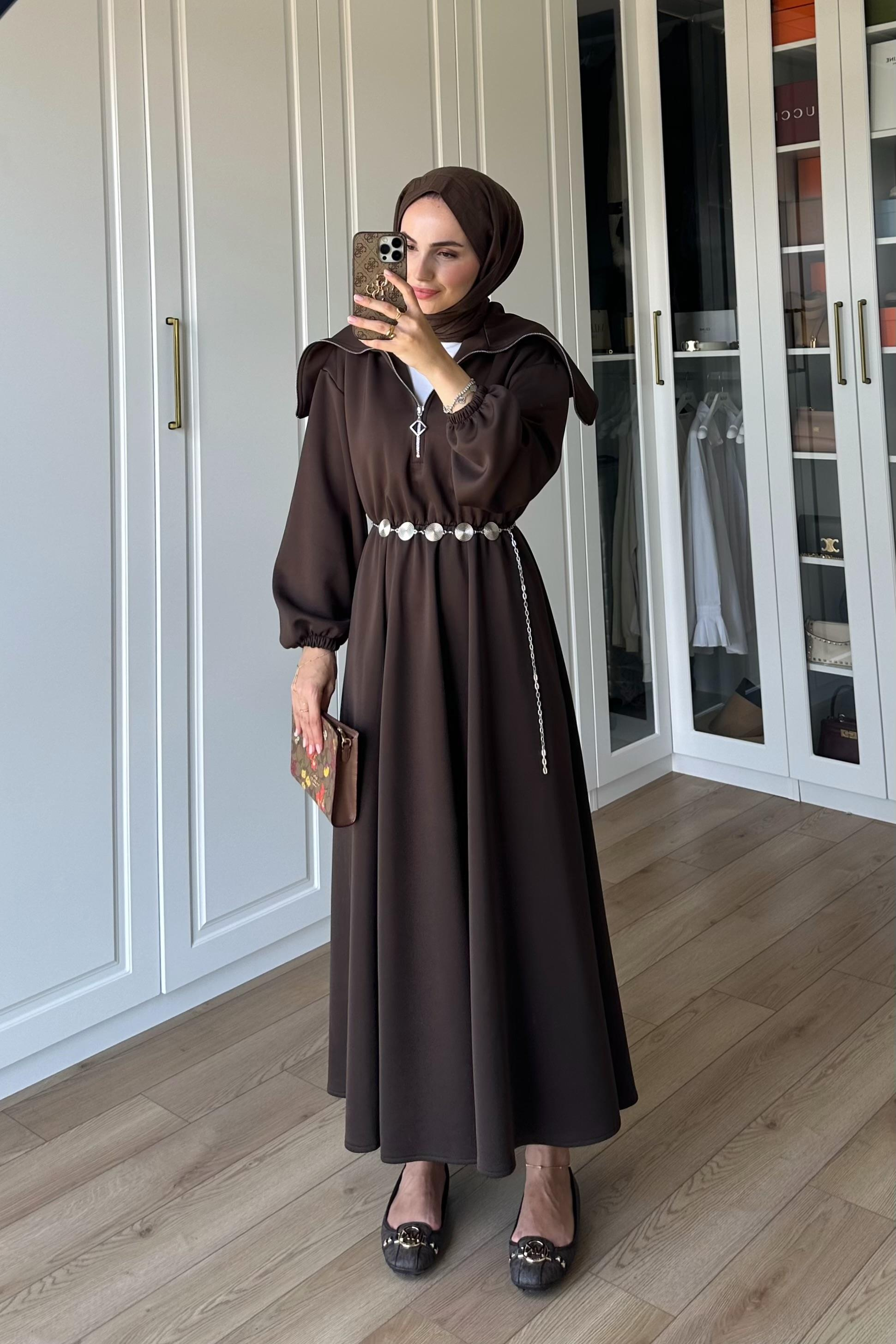 Mordino Yaka Detay Scuba Elbise - KAHVE