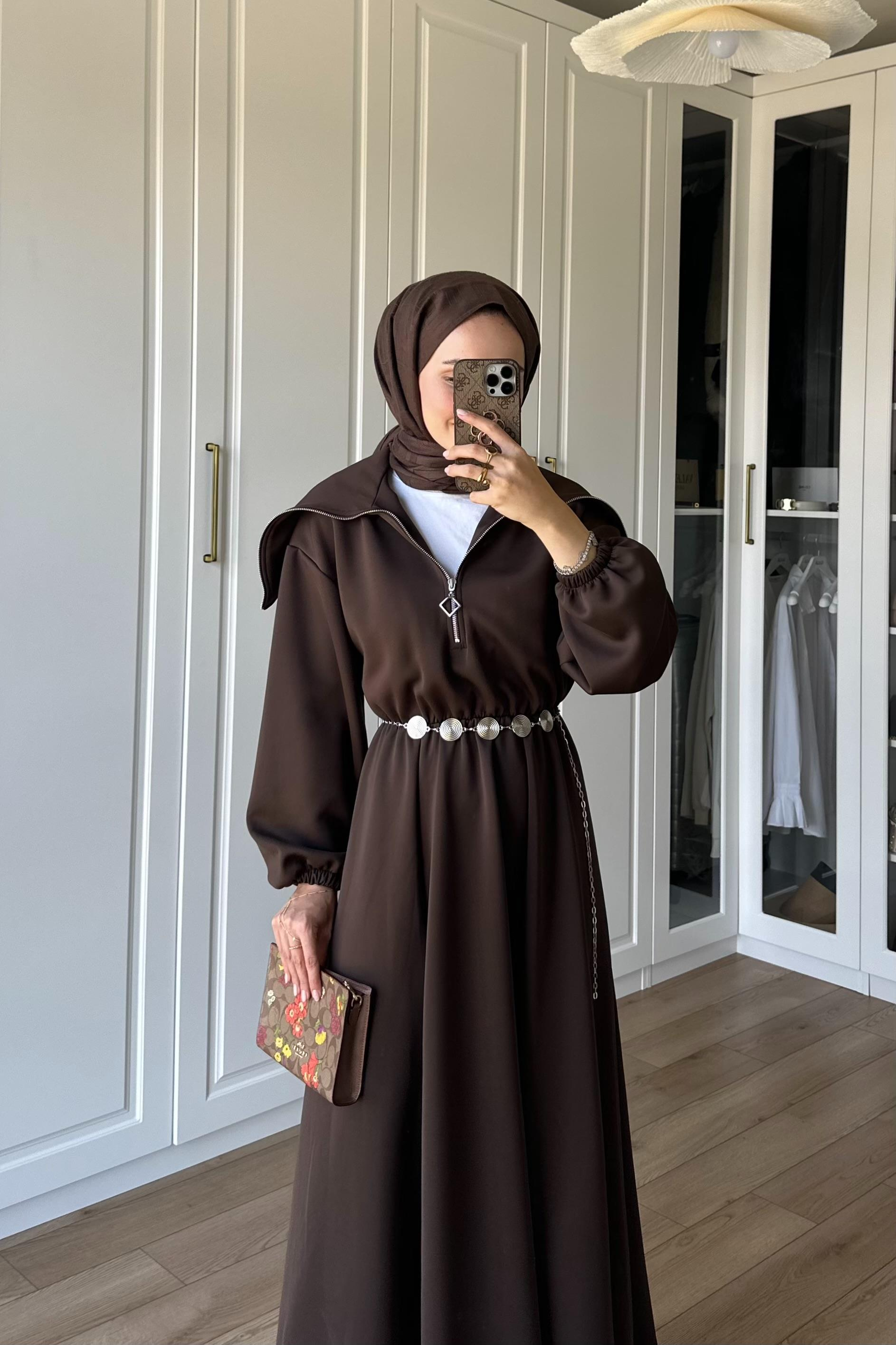 Mordino Yaka Detay Scuba Elbise - KAHVE