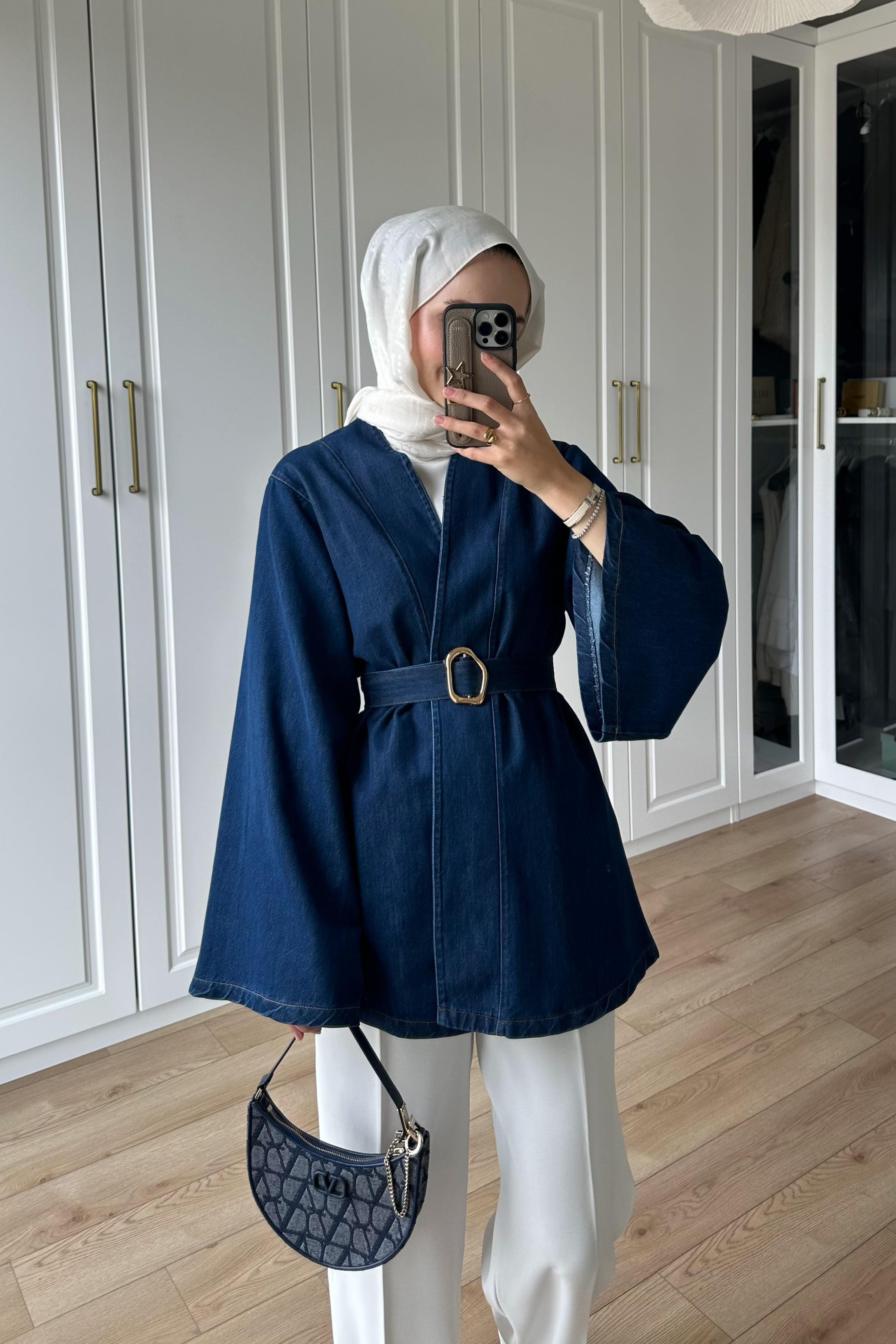 Noirelle Kuşak Detay Denim Ceket - LACİVERT