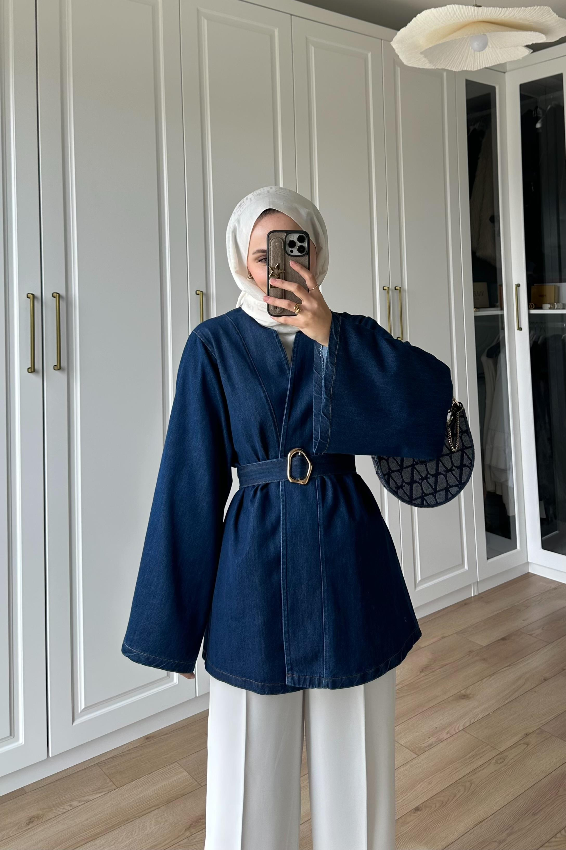 Noirelle Kuşak Detay Denim Ceket - LACİVERT