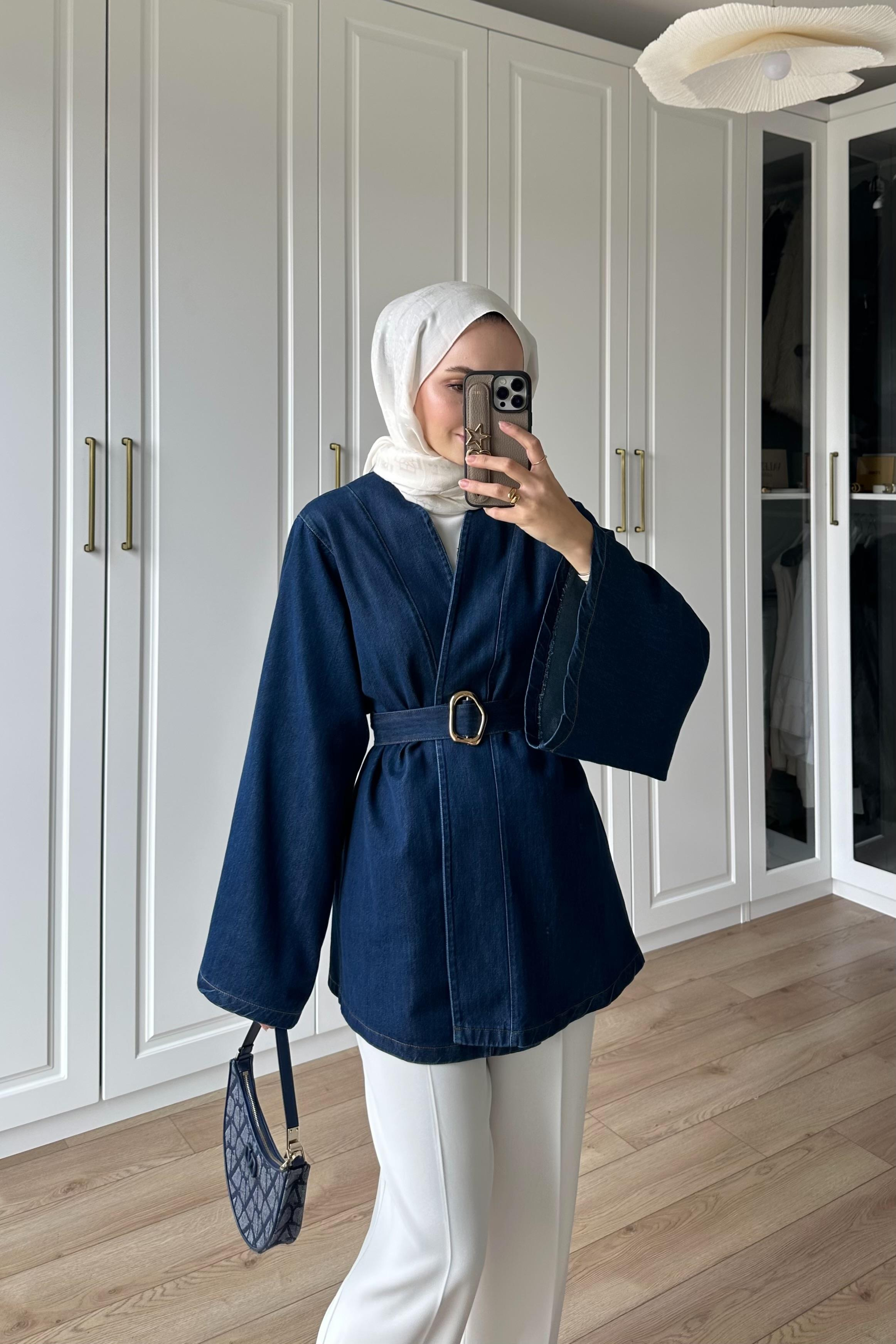 Noirelle Kuşak Detay Denim Ceket - LACİVERT