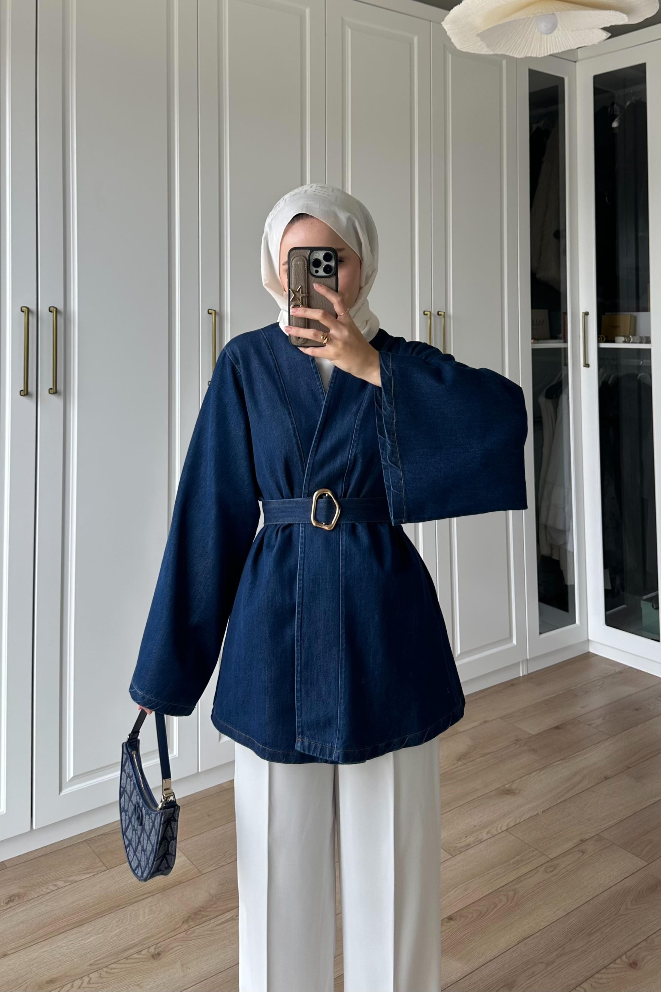 Noirelle Kuşak Detay Denim Ceket - LACİVERT