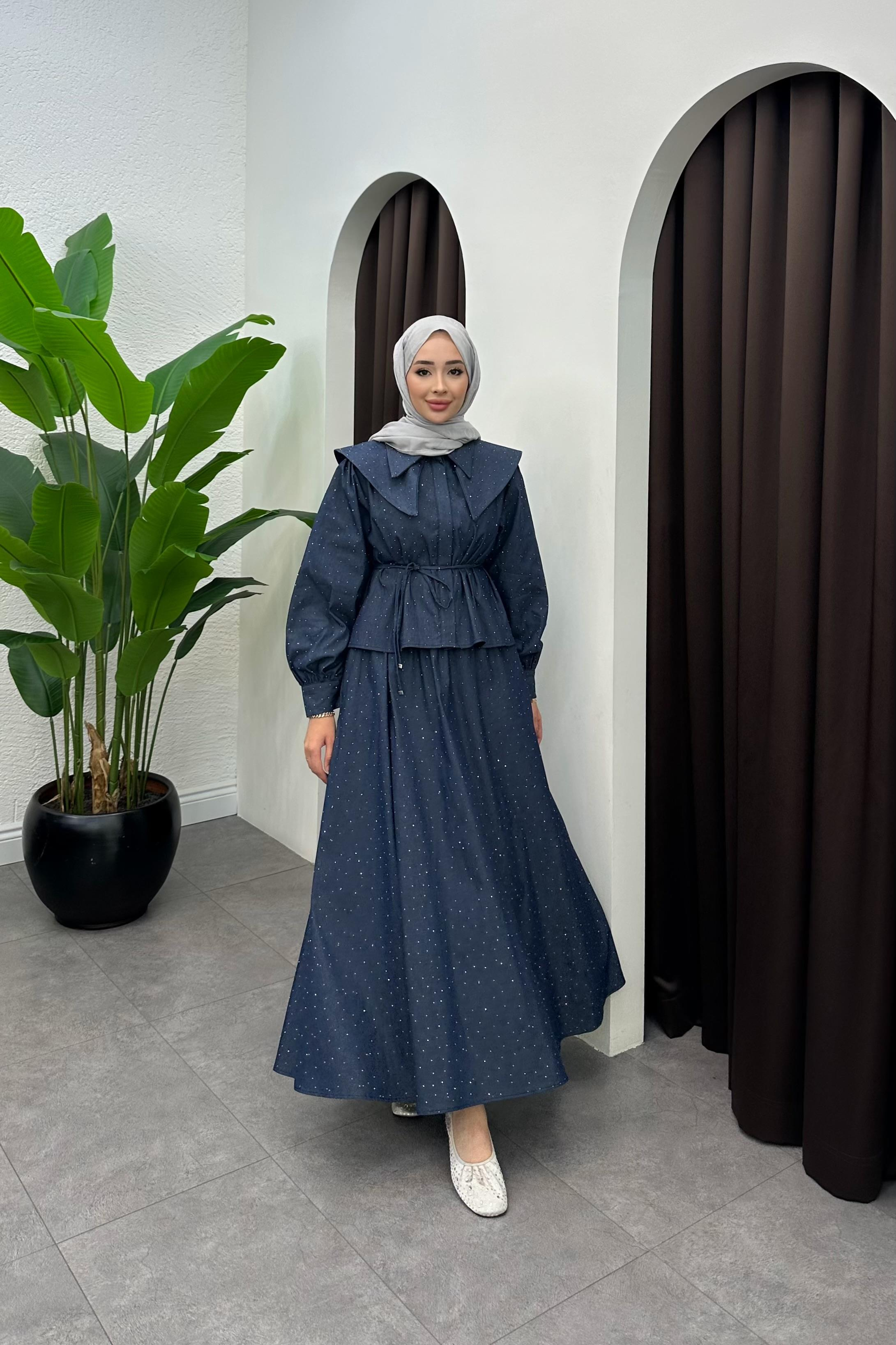 Ophelia Geniş Yakalı Kot Takım - LACİVERT