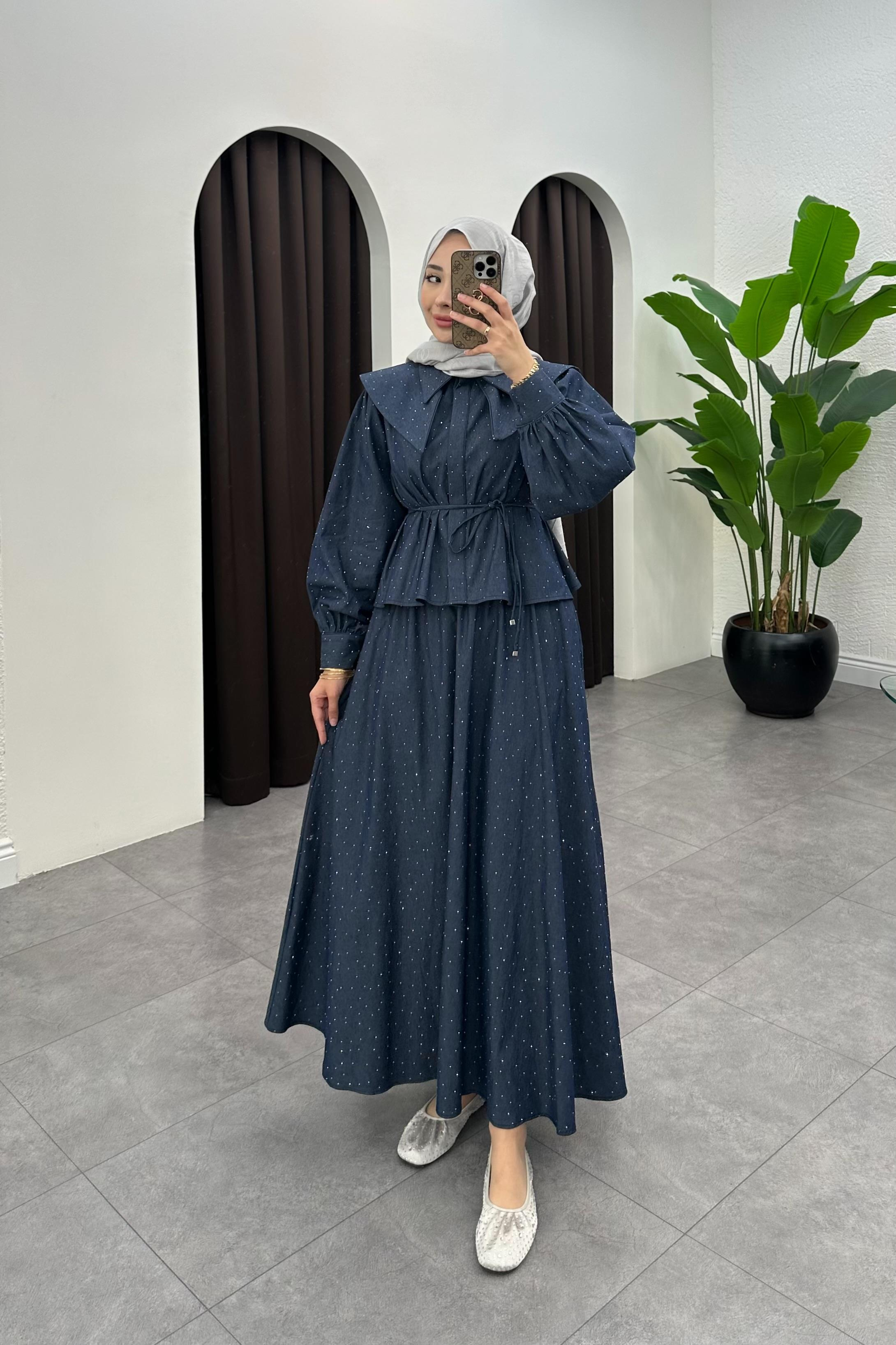 Ophelia Geniş Yakalı Kot Takım - LACİVERT