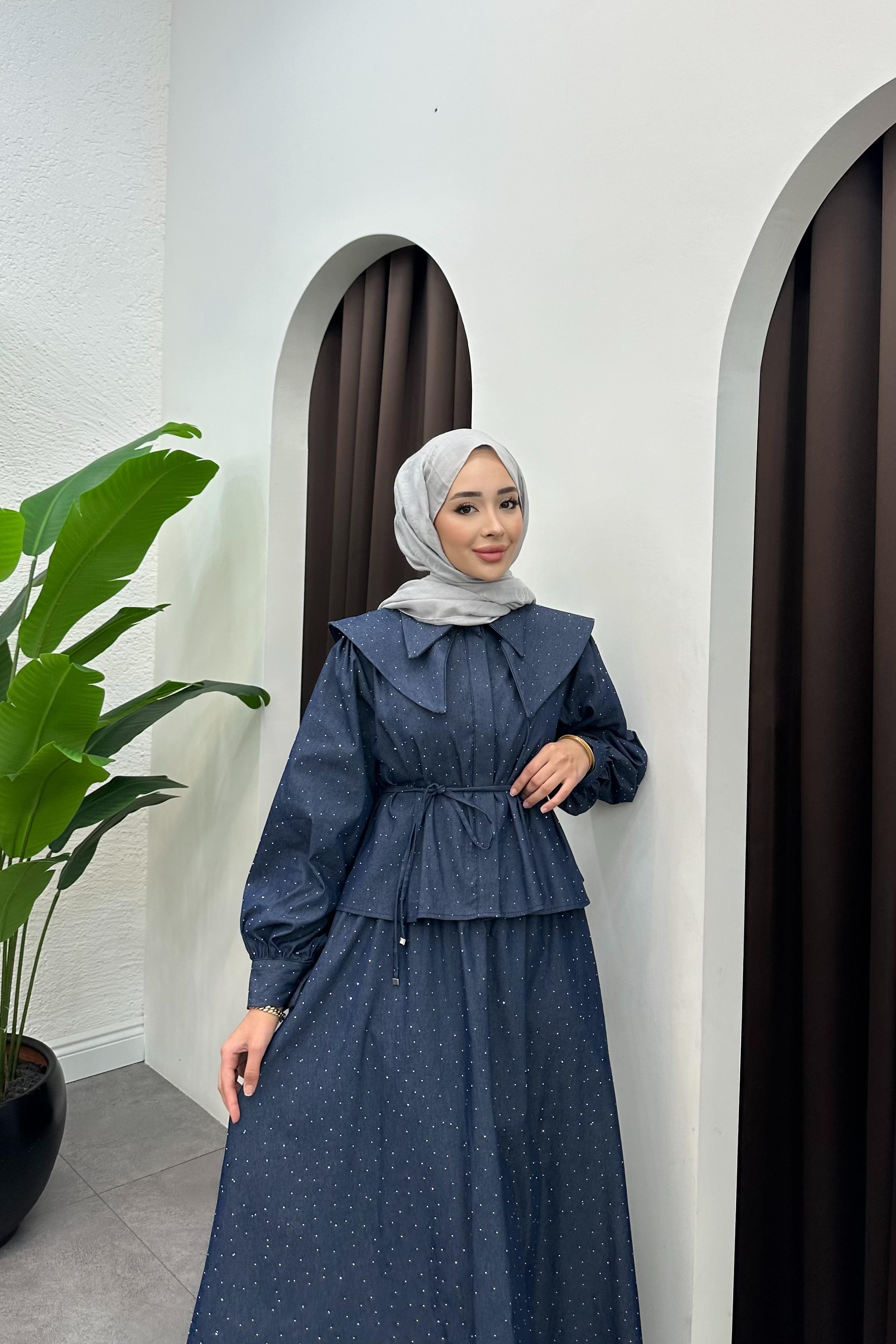 Ophelia Geniş Yakalı Kot Takım - LACİVERT