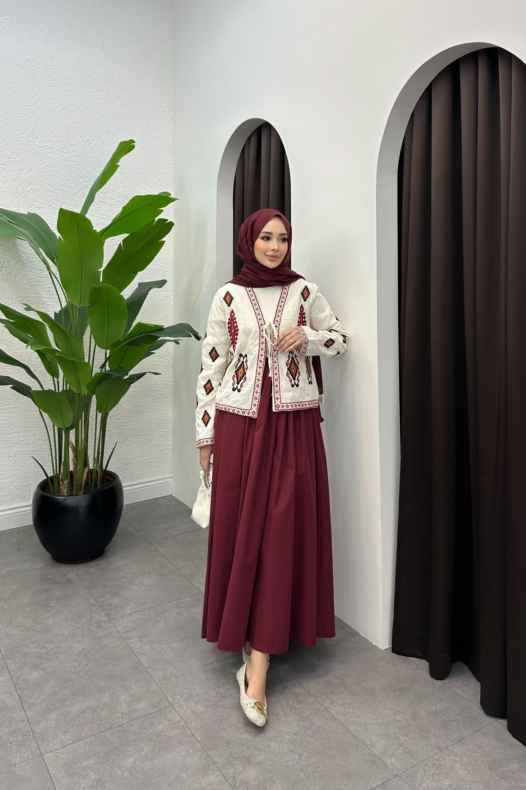 Pile Detaylı Etek - BORDO