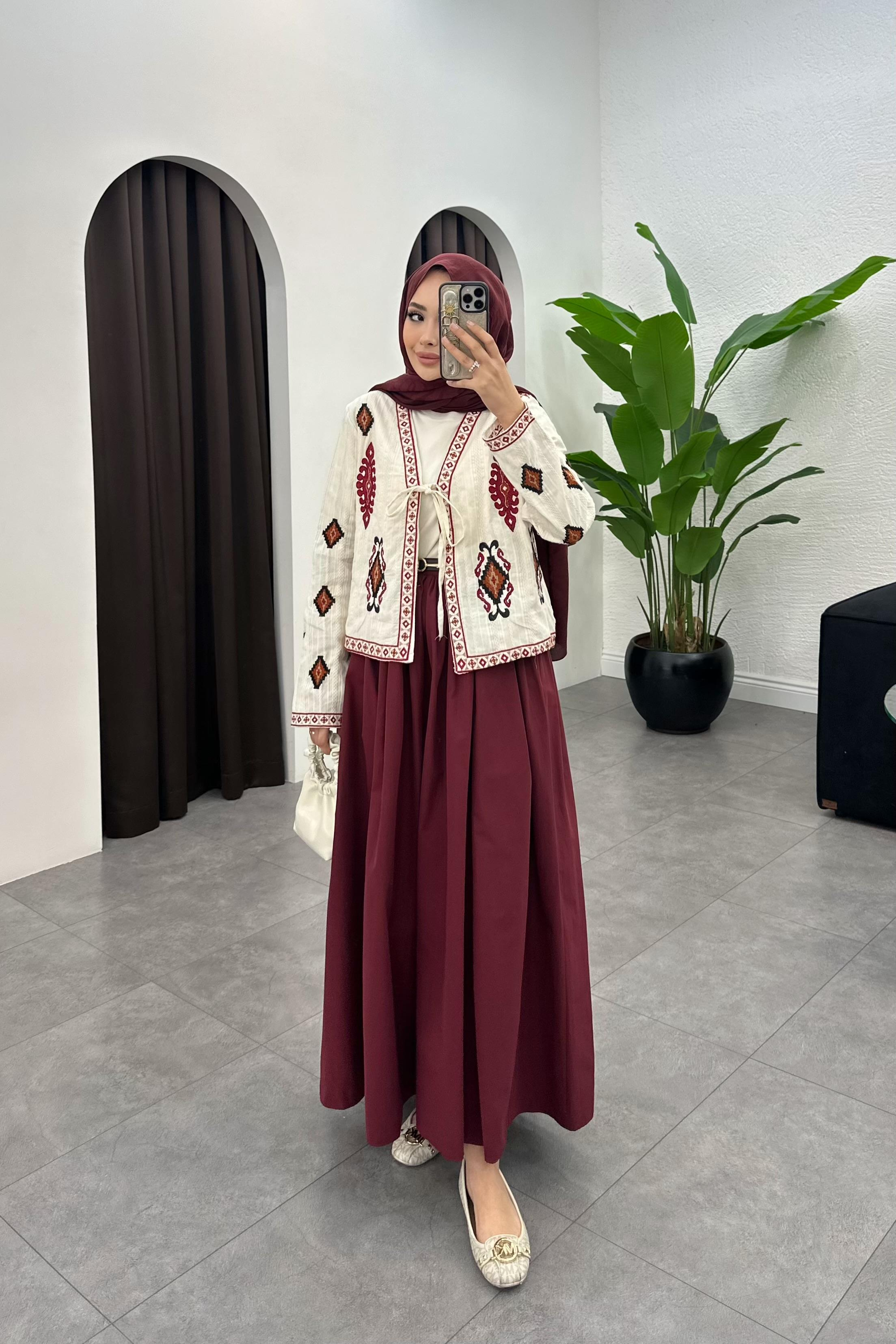 Pile Detaylı Etek - BORDO