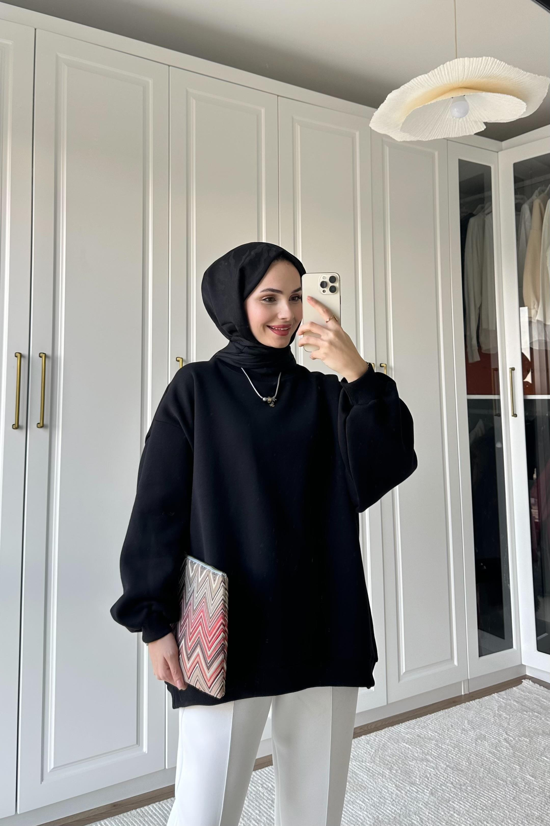 Şardonlu Üç İplik Sweat - SİYAH