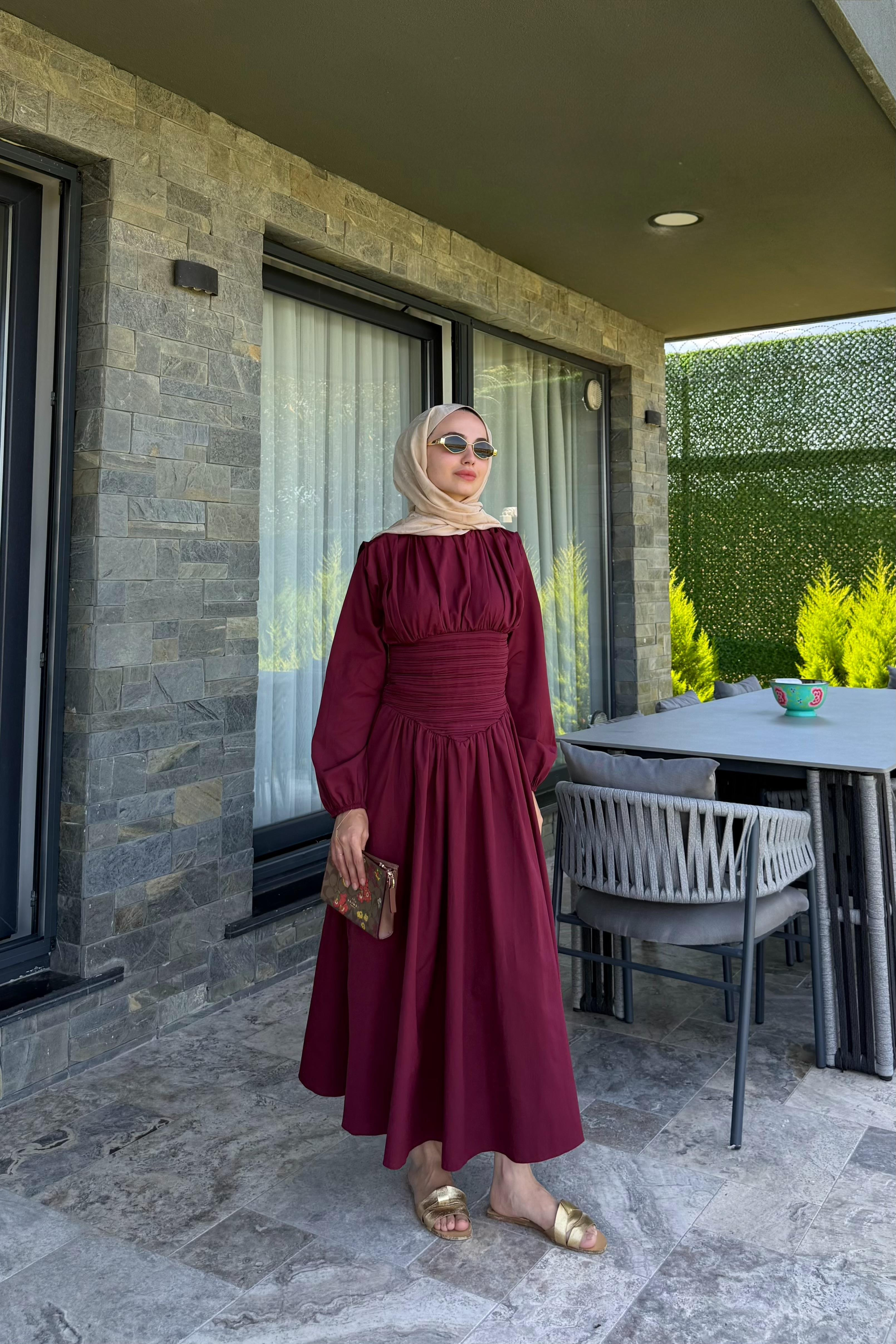 Talvera Belden Büzgü Detay Elbise - BORDO