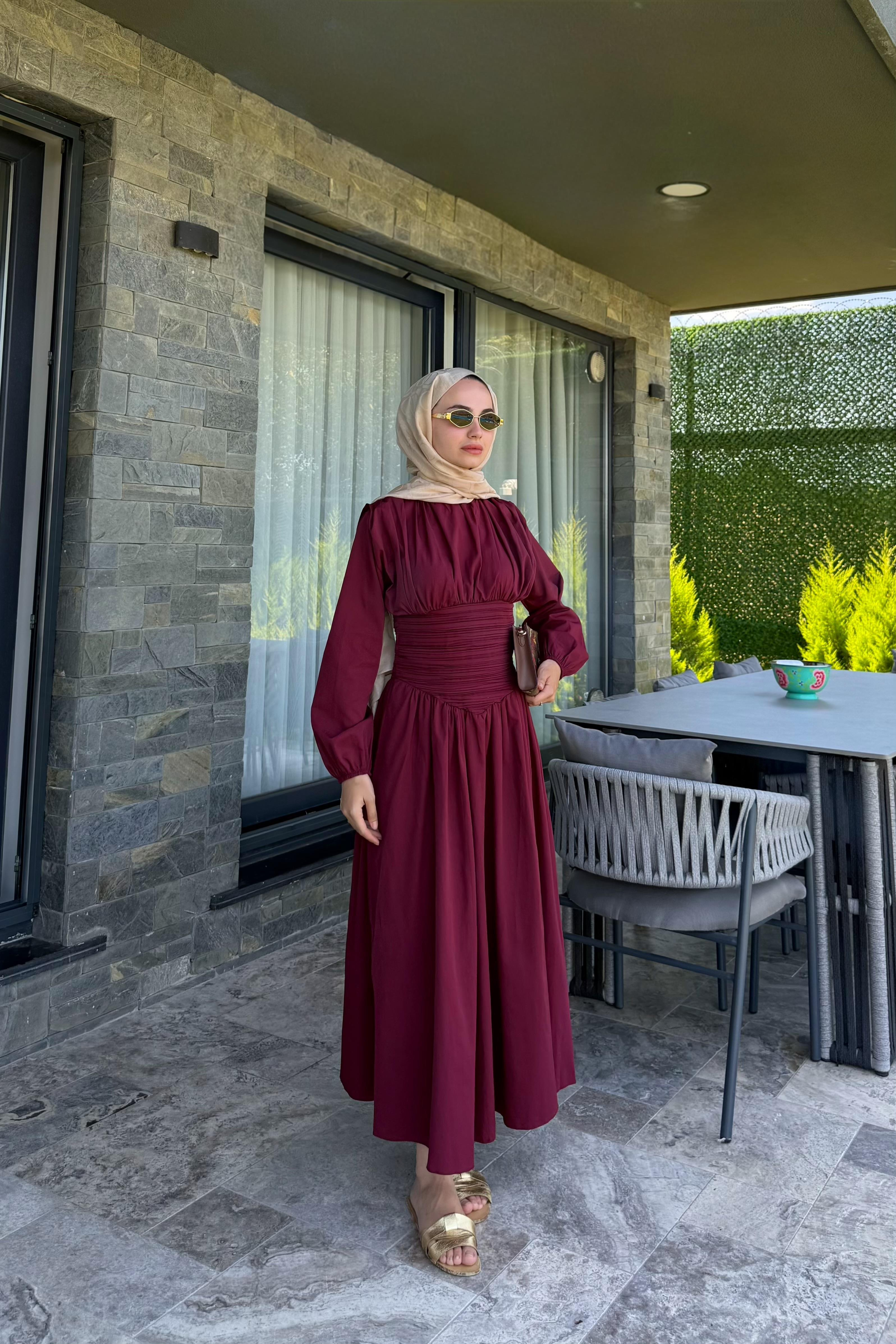 Talvera Belden Büzgü Detay Elbise - BORDO
