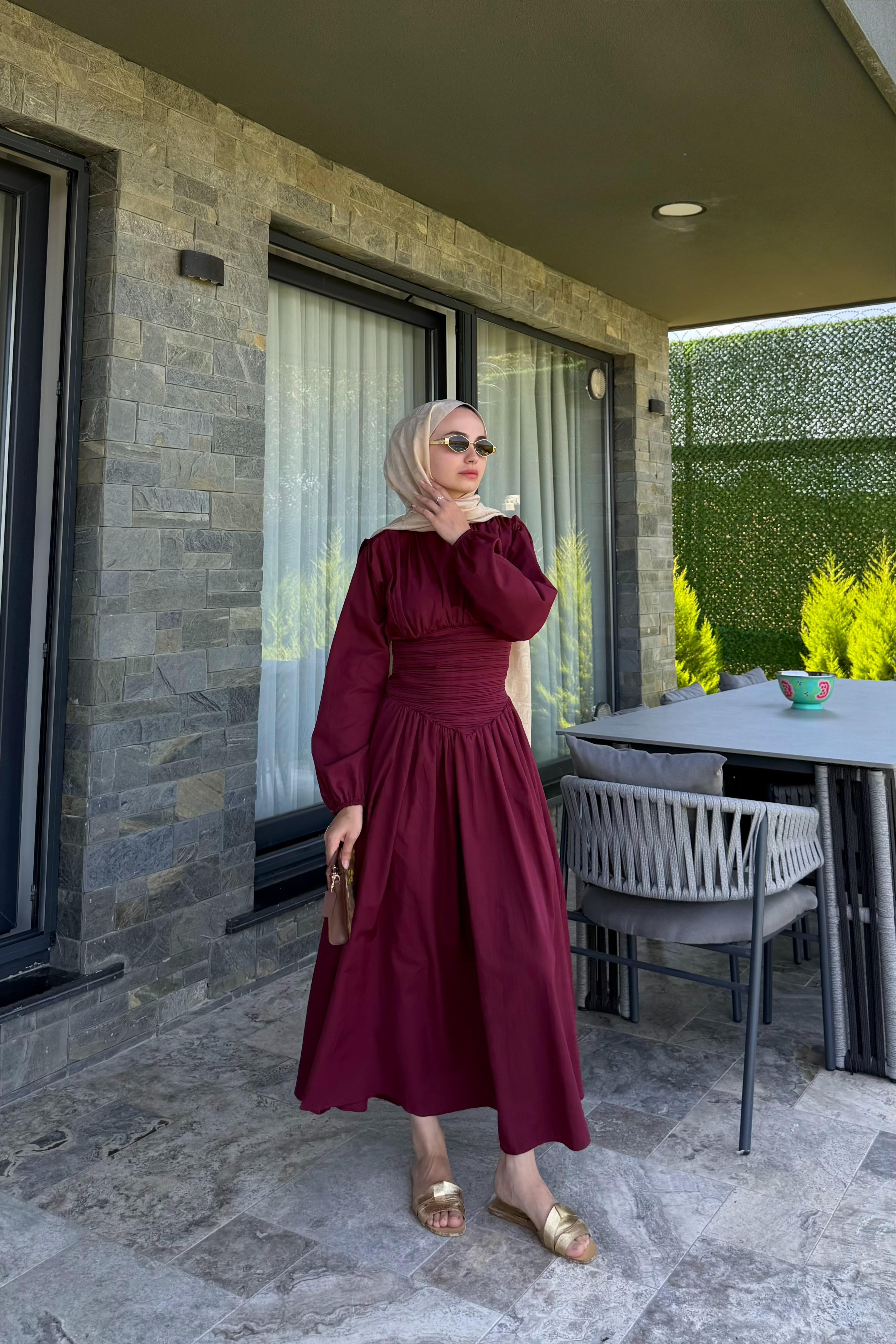 Talvera Belden Büzgü Detay Elbise - BORDO