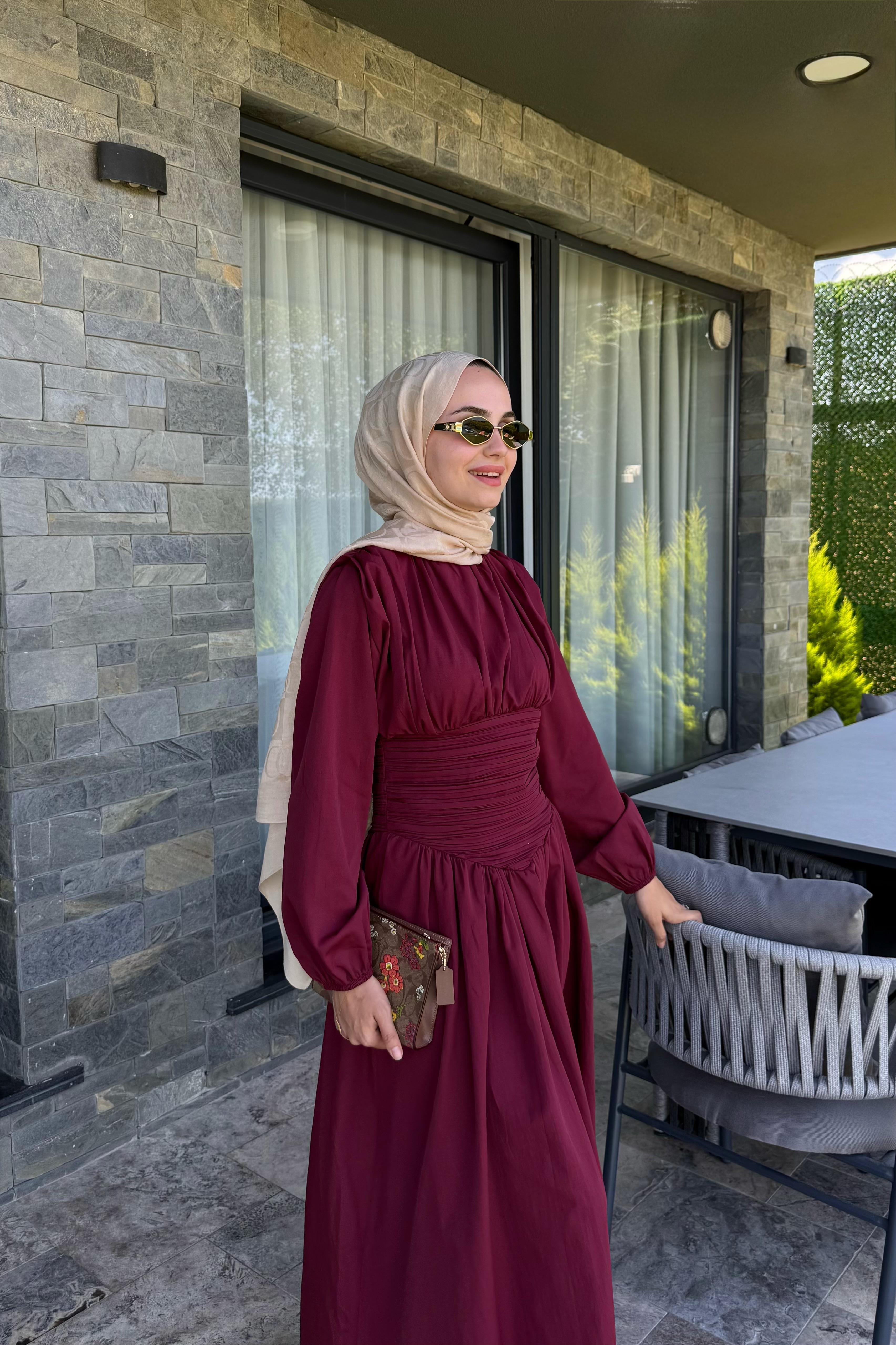 Talvera Belden Büzgü Detay Elbise - BORDO