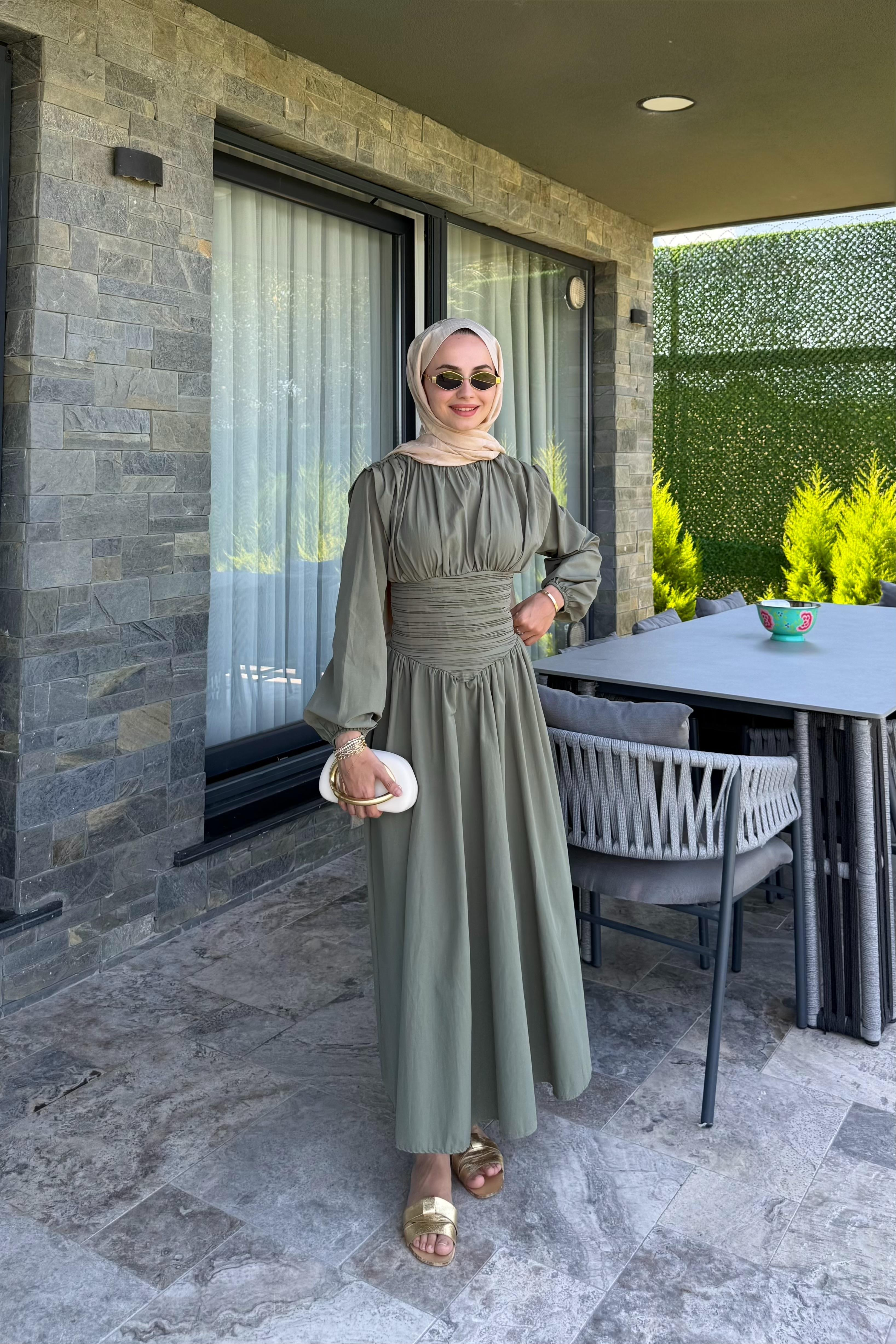 Talvera Belden Büzgü Detay Elbise - HAKİ