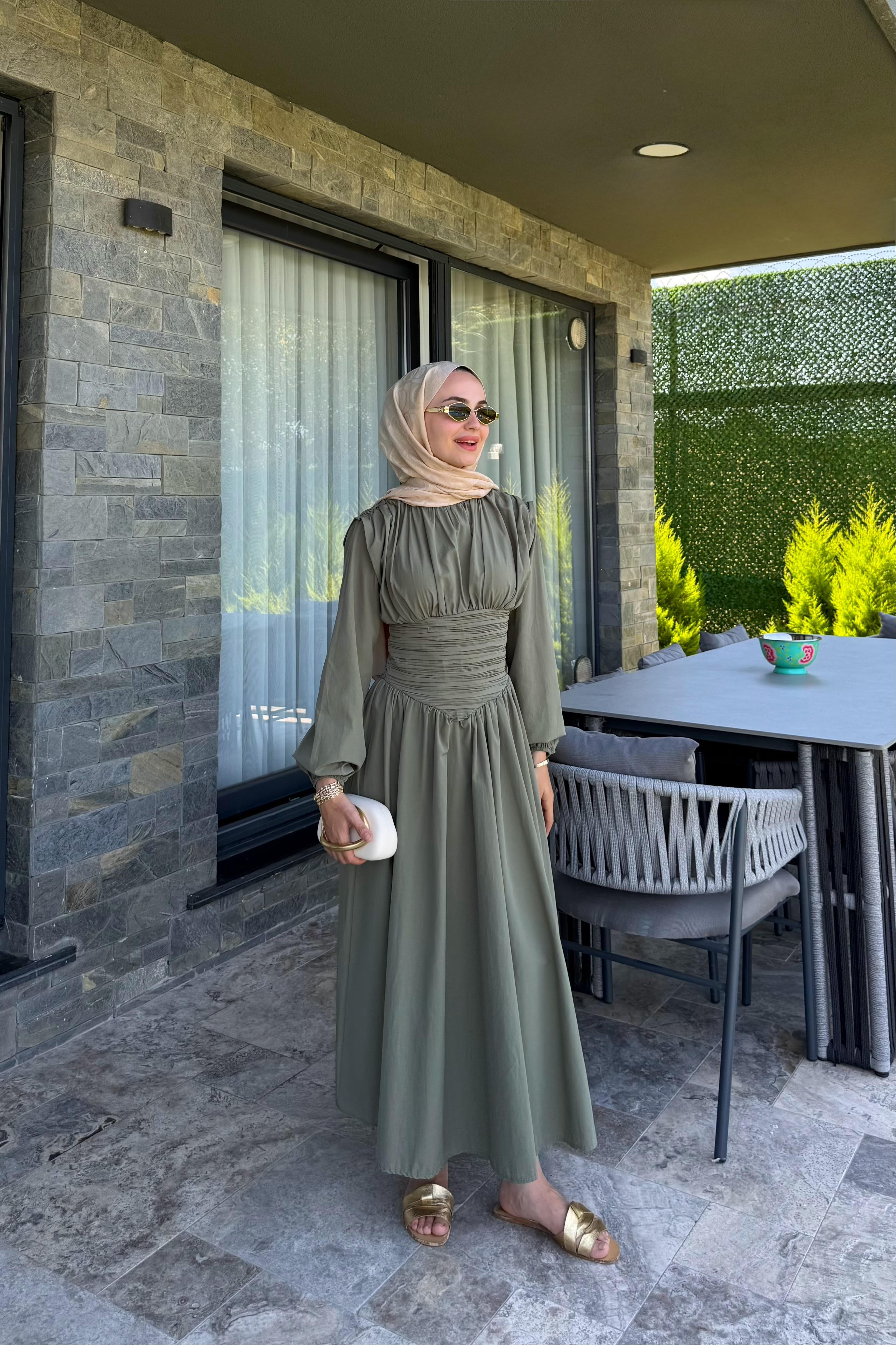 Talvera Belden Büzgü Detay Elbise - HAKİ