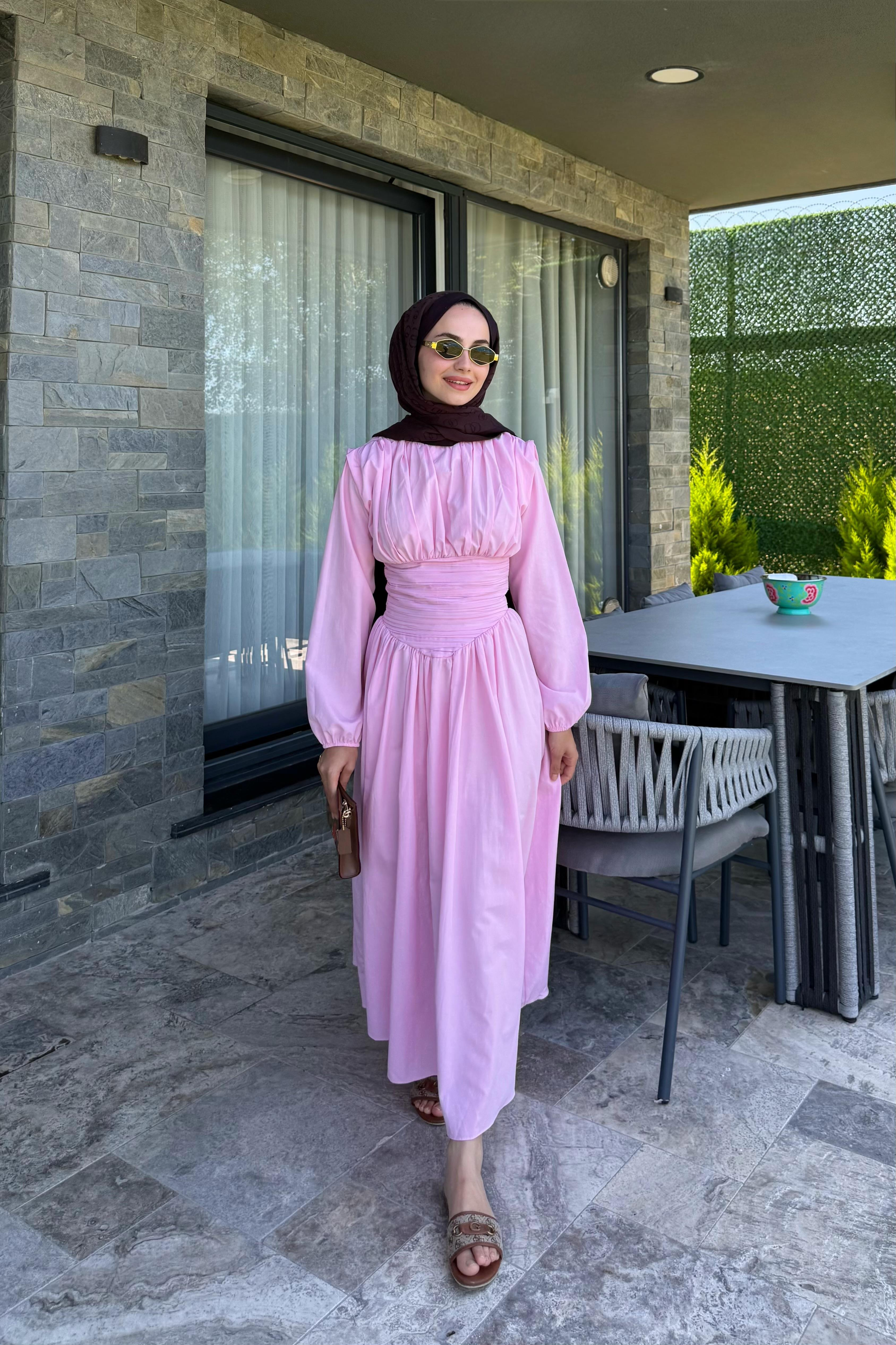 Talvera Belden Büzgü Detay Elbise - PEMBE