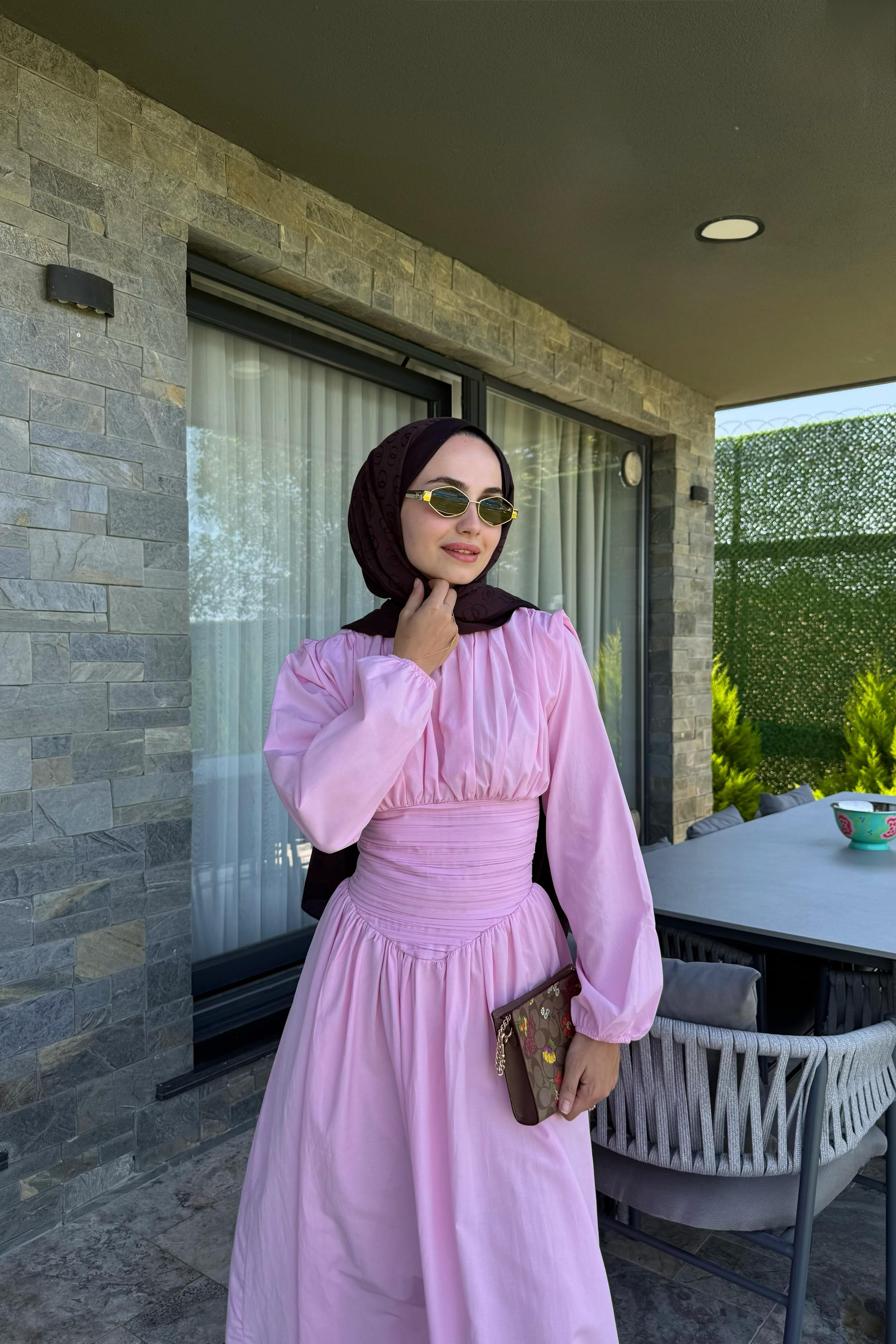 Talvera Belden Büzgü Detay Elbise - PEMBE