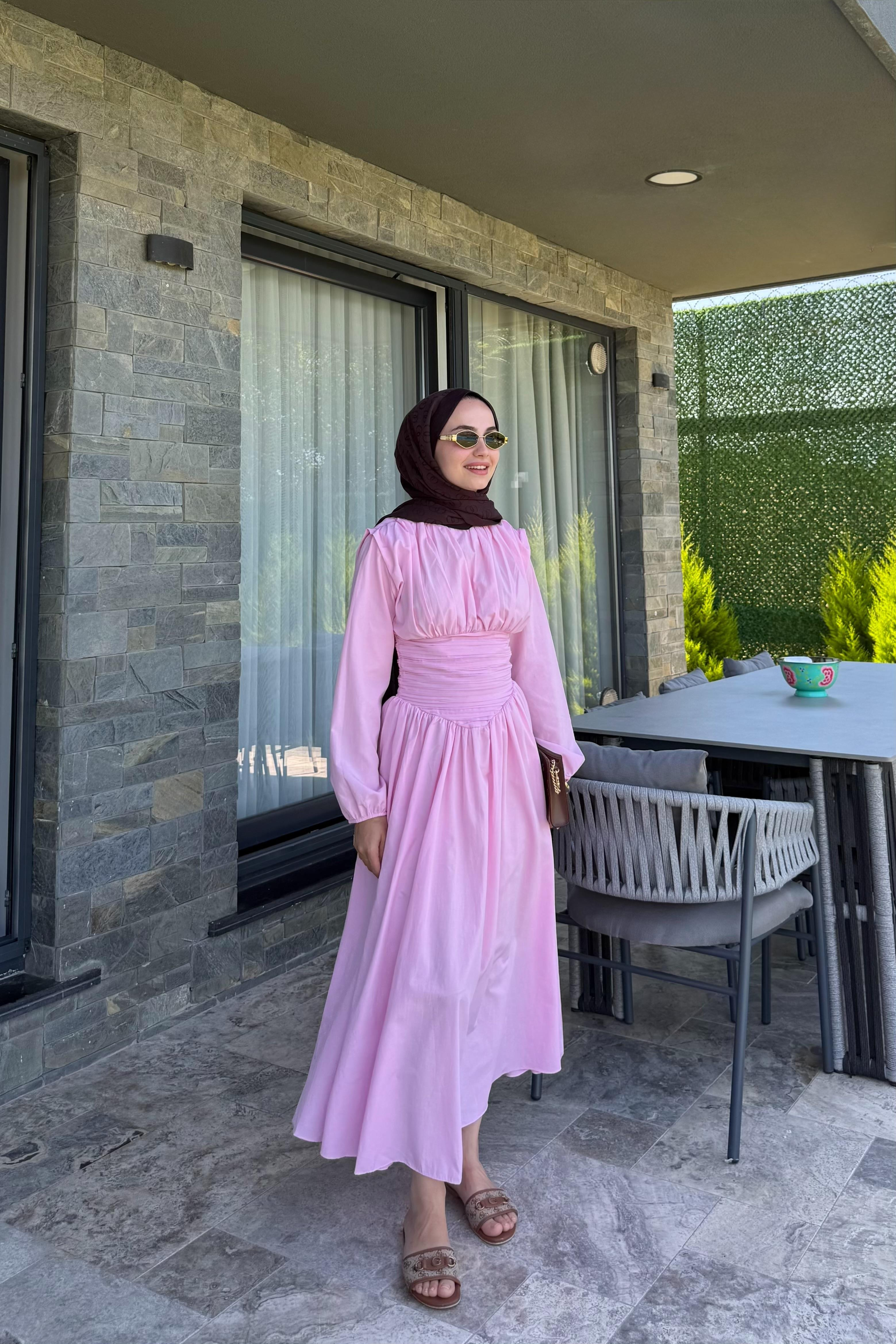 Talvera Belden Büzgü Detay Elbise - PEMBE