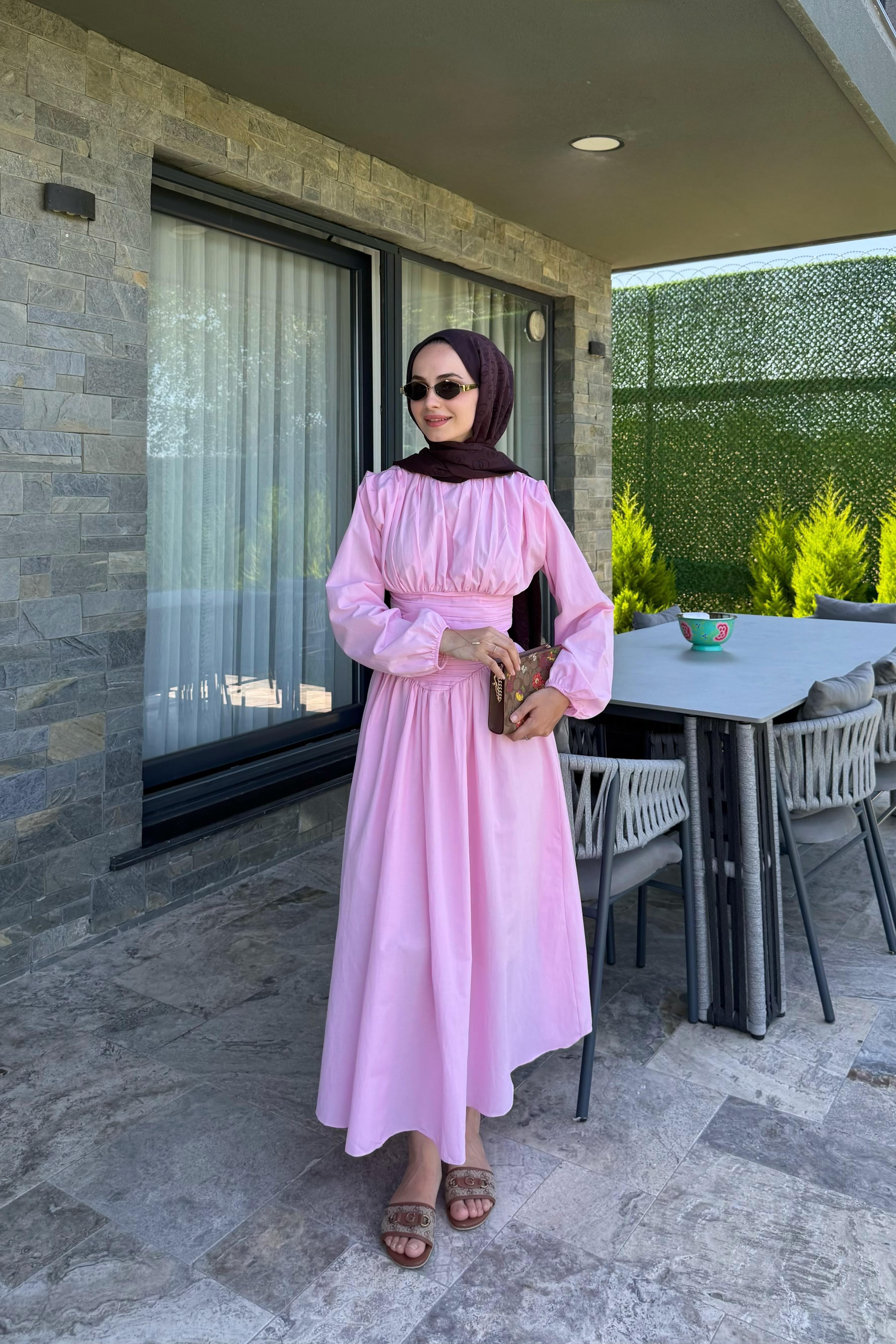 Talvera Belden Büzgü Detay Elbise - PEMBE