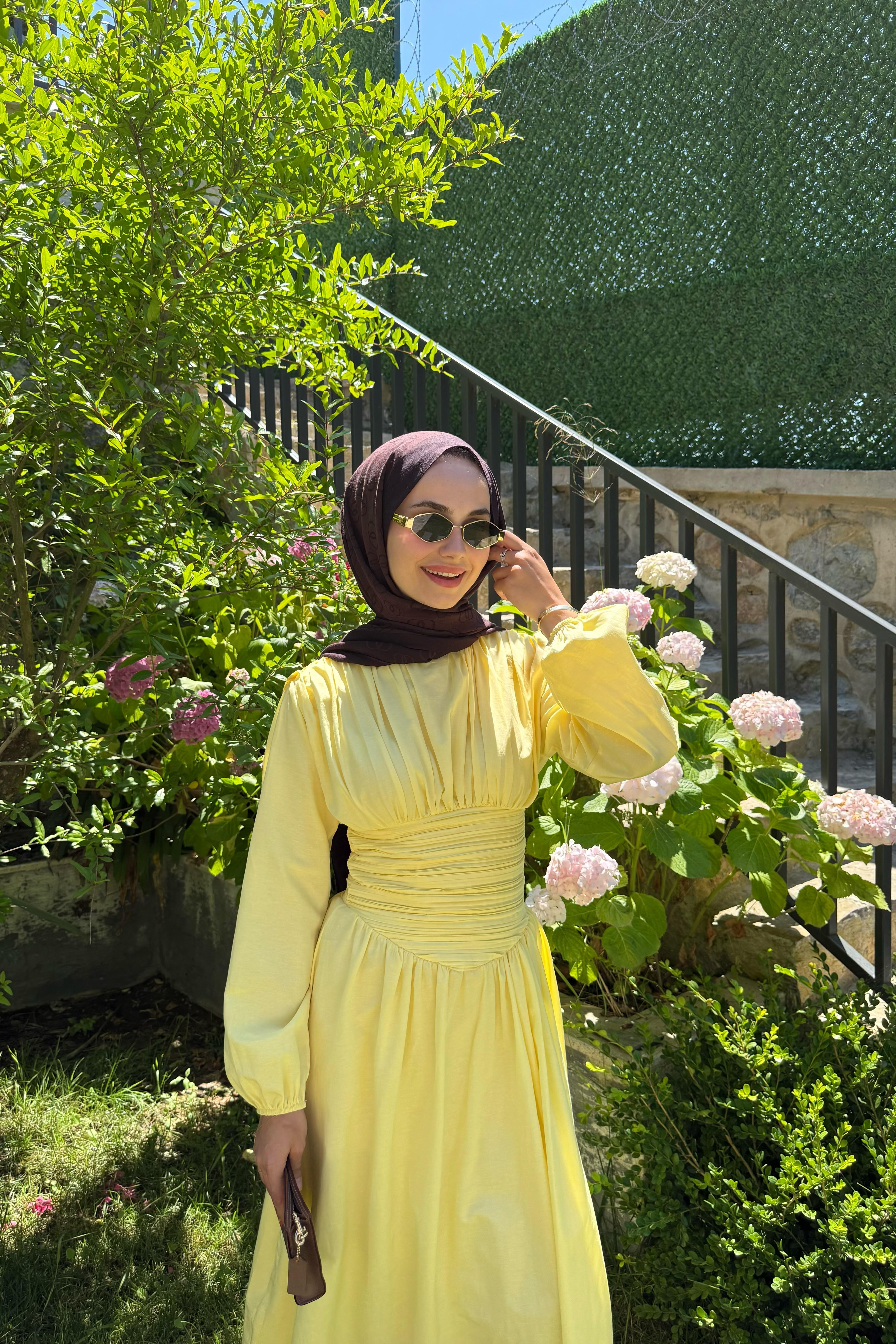 Talvera Belden Büzgü Detay Elbise - SARI