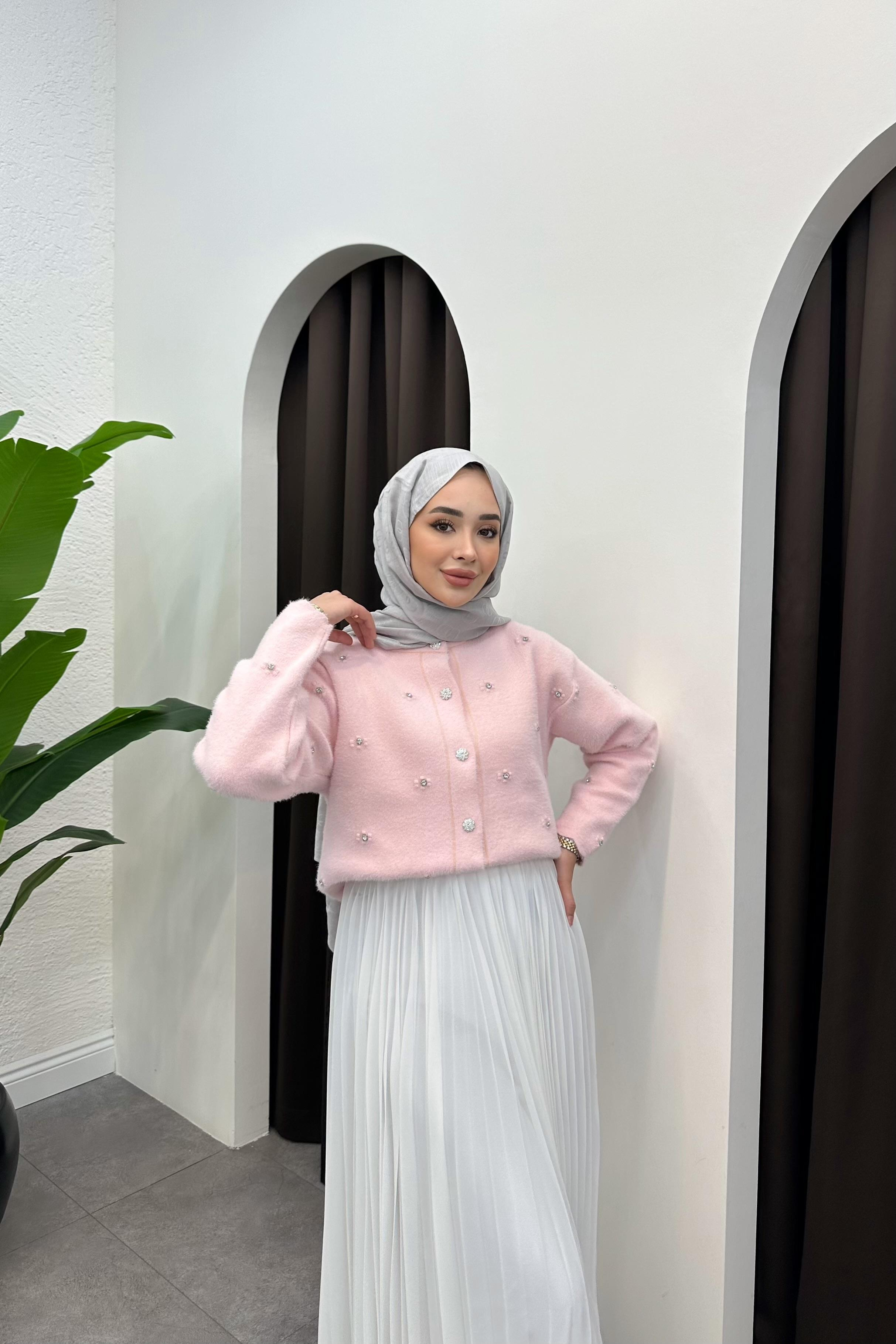 Taş Detaylı Yumoş Hırka - PEMBE