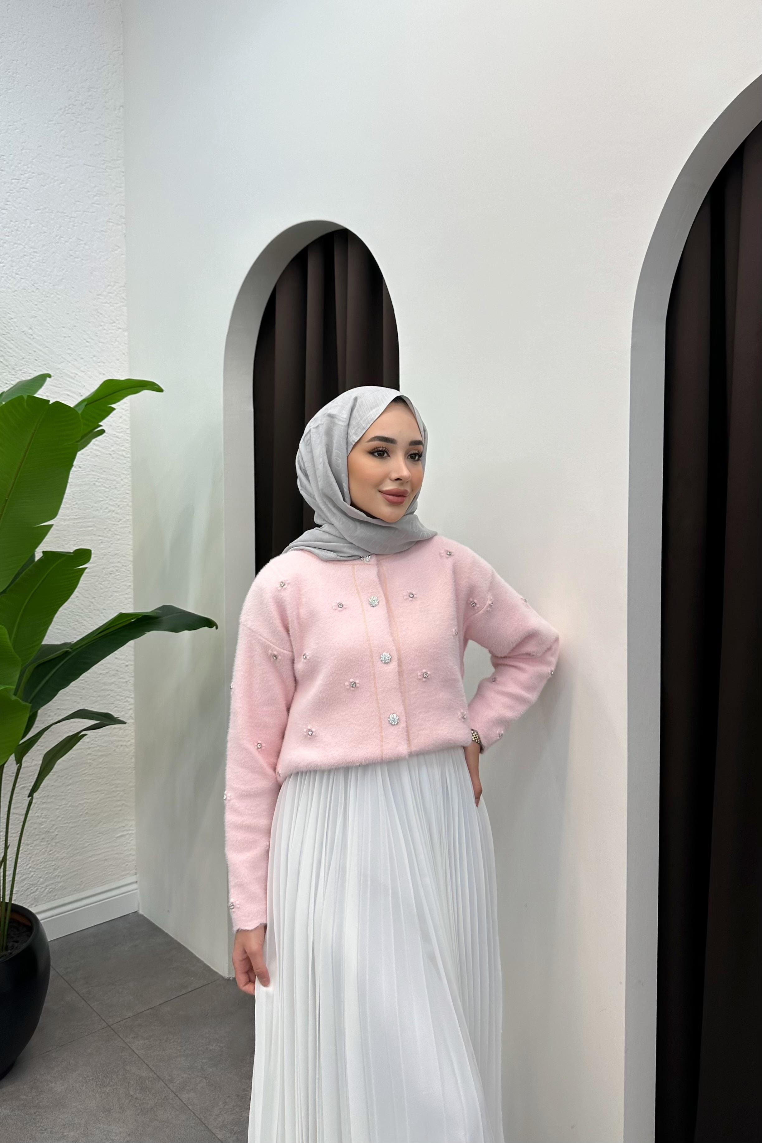 Taş Detaylı Yumoş Hırka - PEMBE
