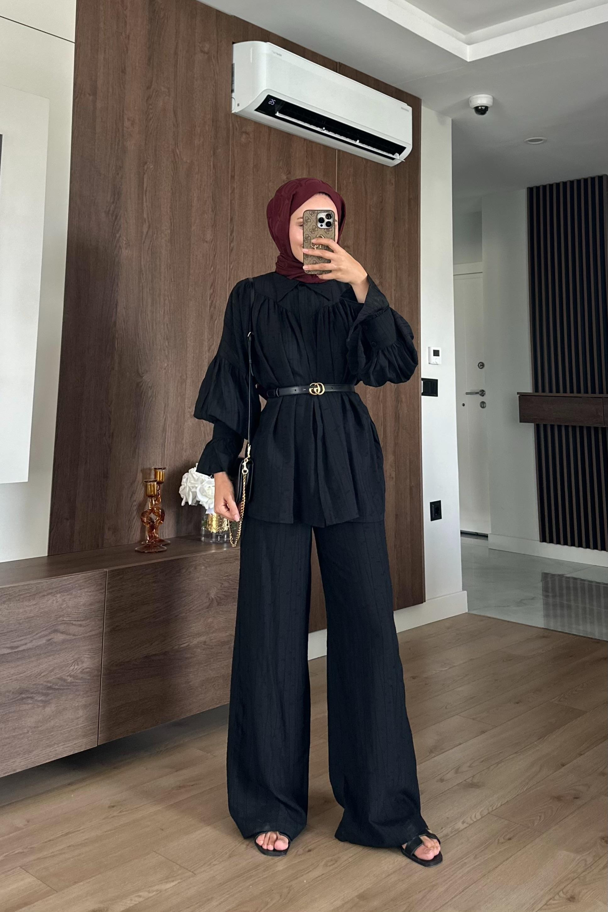 Wooden Manşet Detaylı Takım - SİYAH