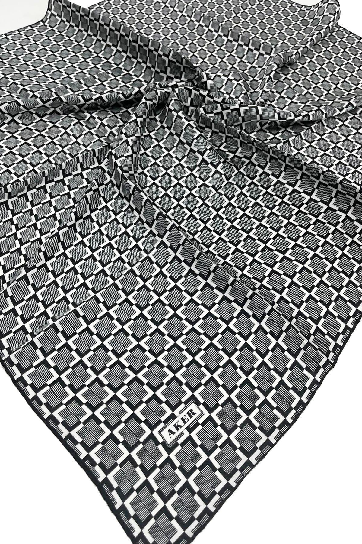 Aker İpek Eşarp - 8975713-912 Siyah Beyaz Twill