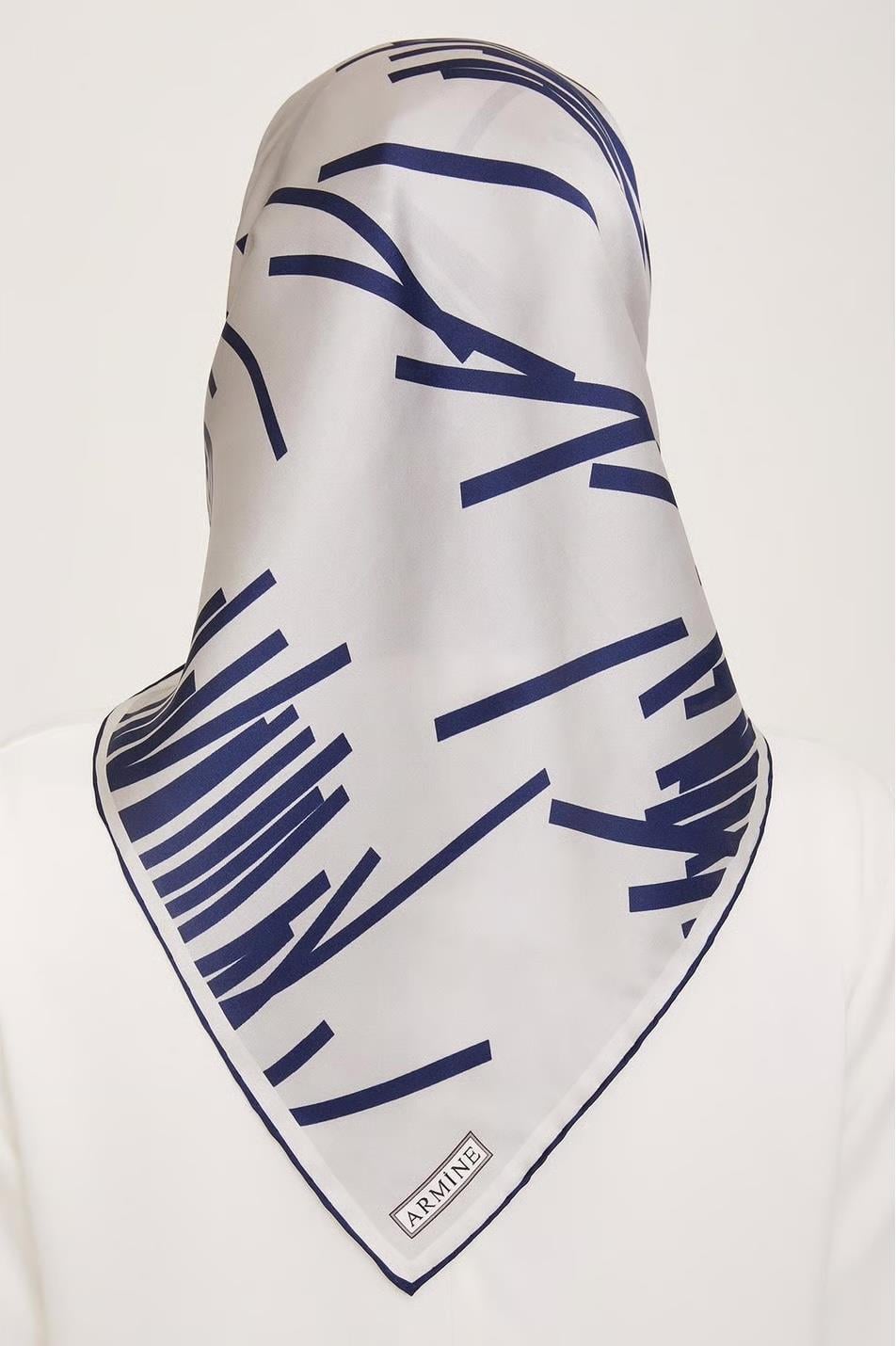 Armine İpek Eşarp 2024 Yaz - 9157-53 Gri Lacivert Twill