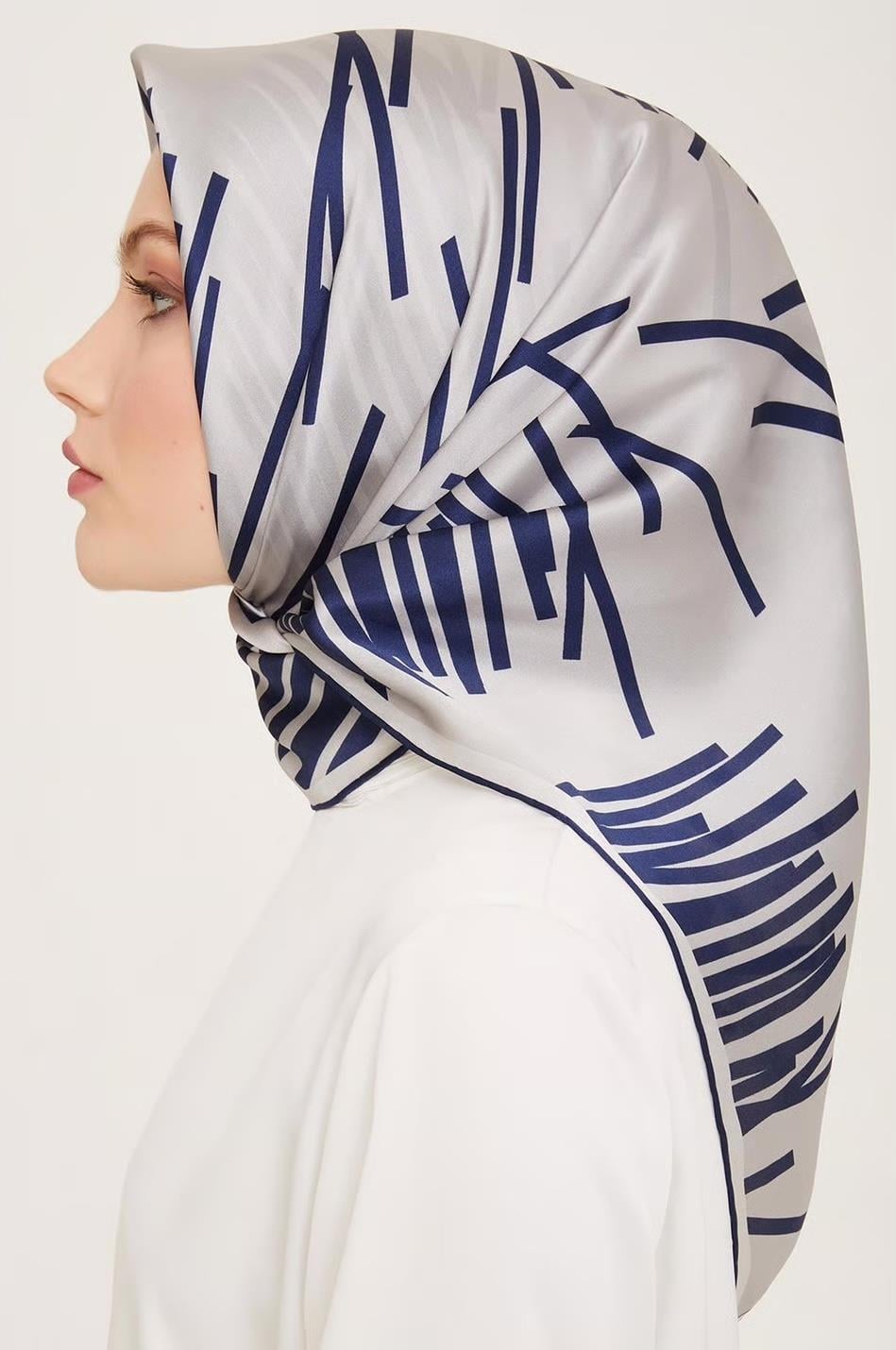 Armine İpek Eşarp 2024 Yaz - 9157-53 Gri Lacivert Twill