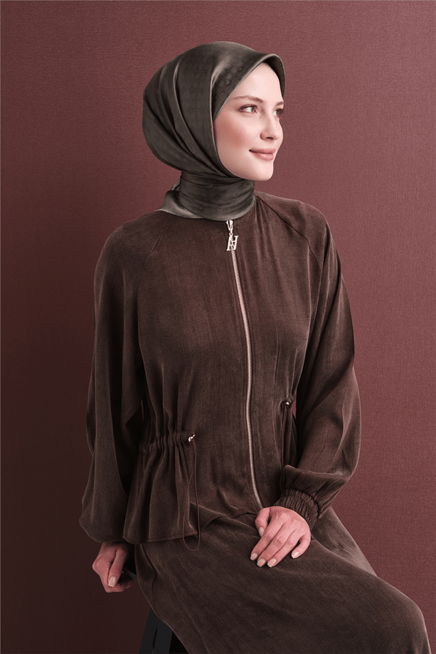 Armine Jakarlı İpek Eşarp 2027 Kış - 9647-89 Koyu Vizon