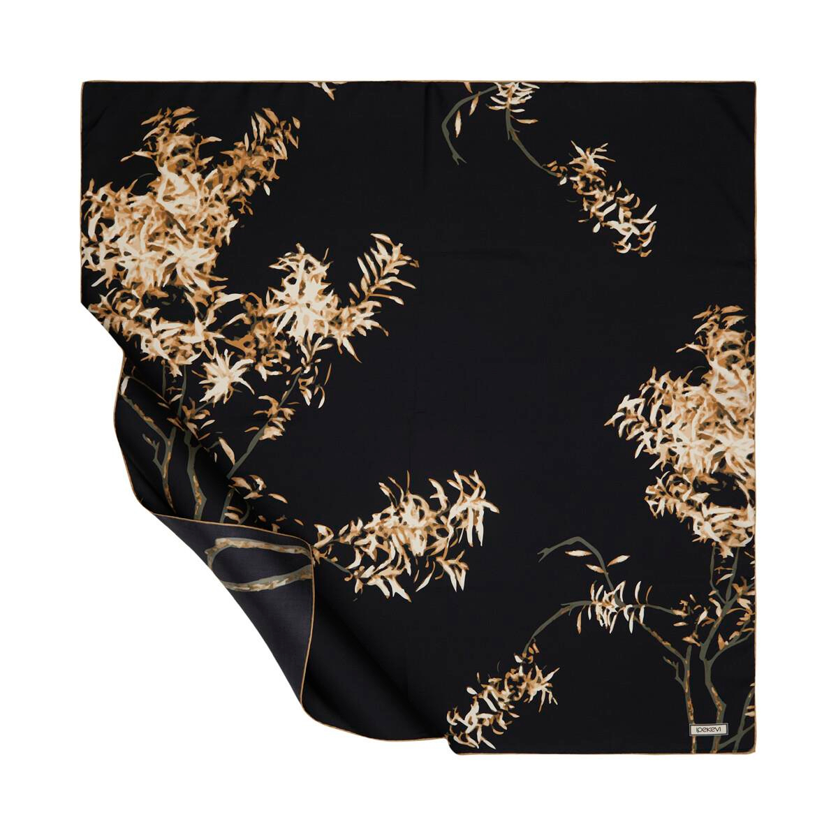 İpekevi Twill İpek Eşarp - Forsythia Desenli - Siyah Altın
