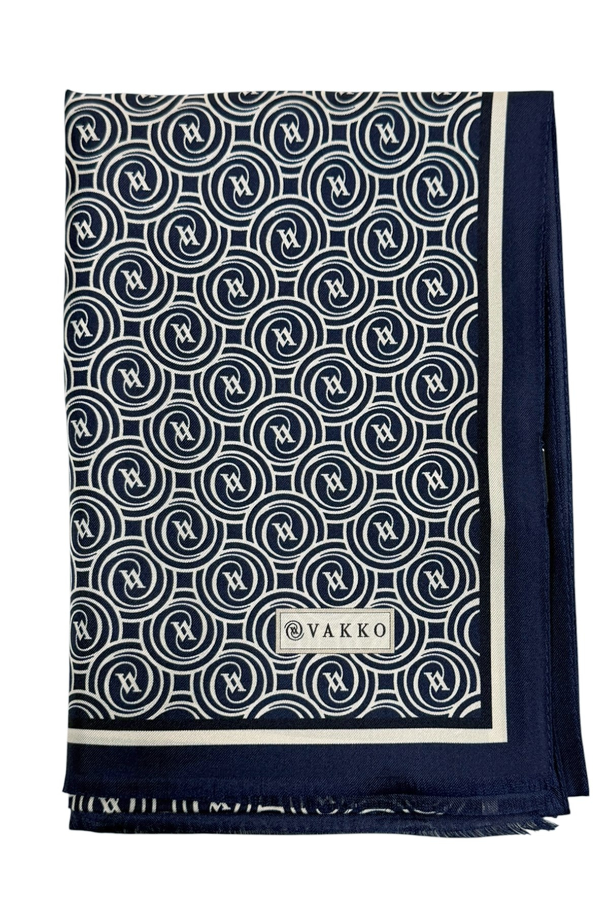 Vakko Twill İpek Şal - Helezon Monogram - Lacivert Krem