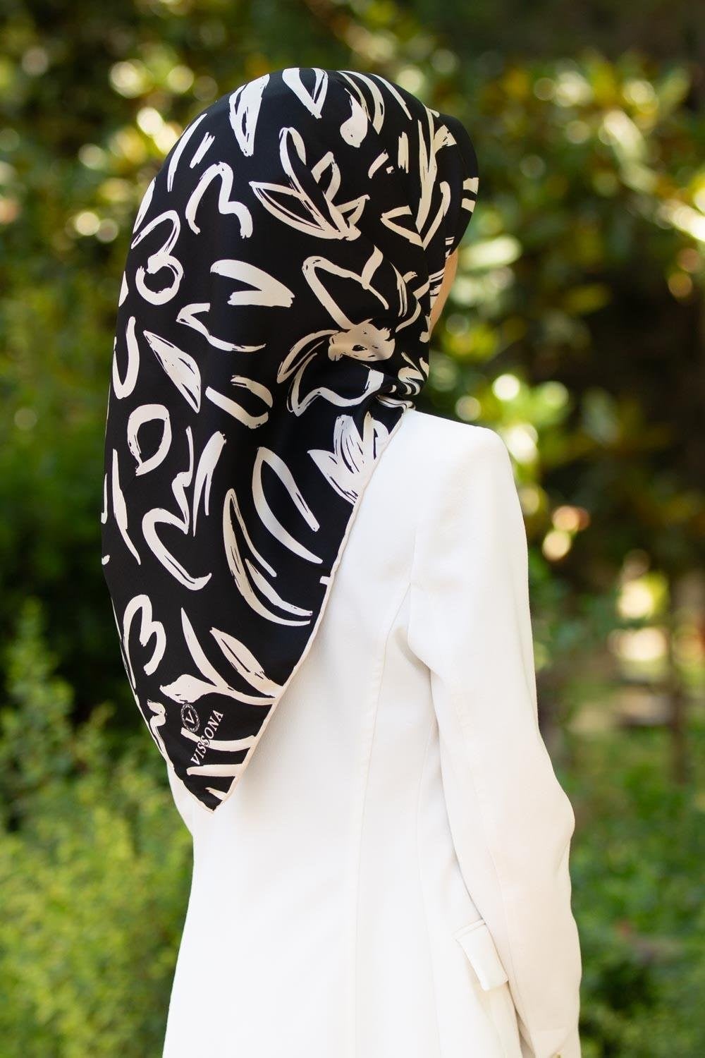 Vissona Twill İpek Eşarp - 60337 - 0001-0003 Siyah Krem