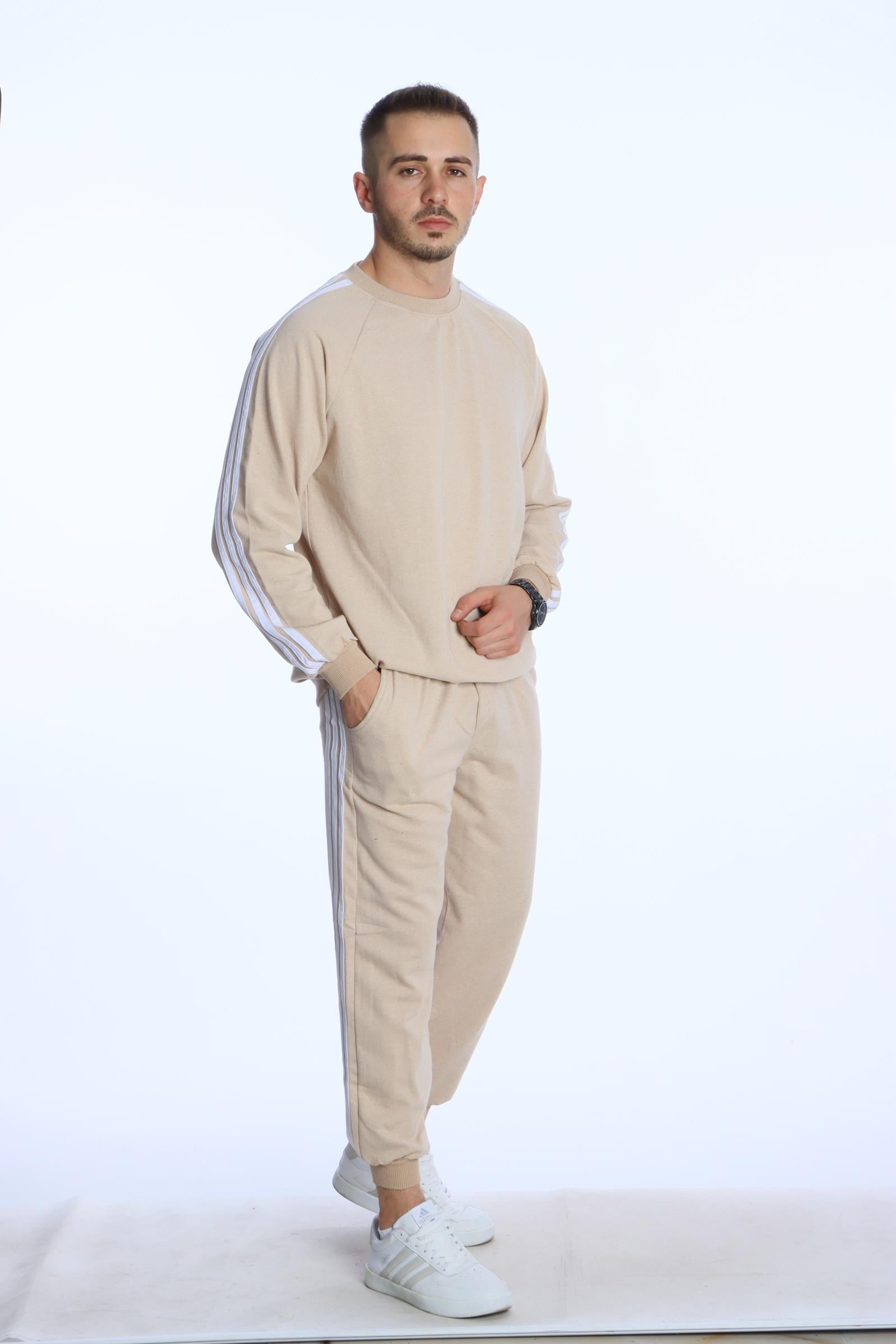 3 Şeritli Sweat Eşofman Takım Krem