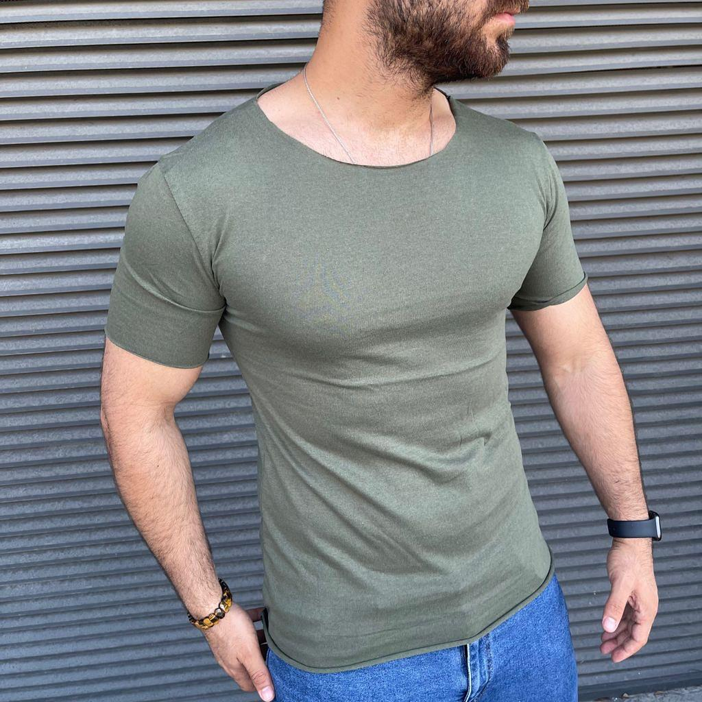 Açık Yaka Basic Tişört Haki