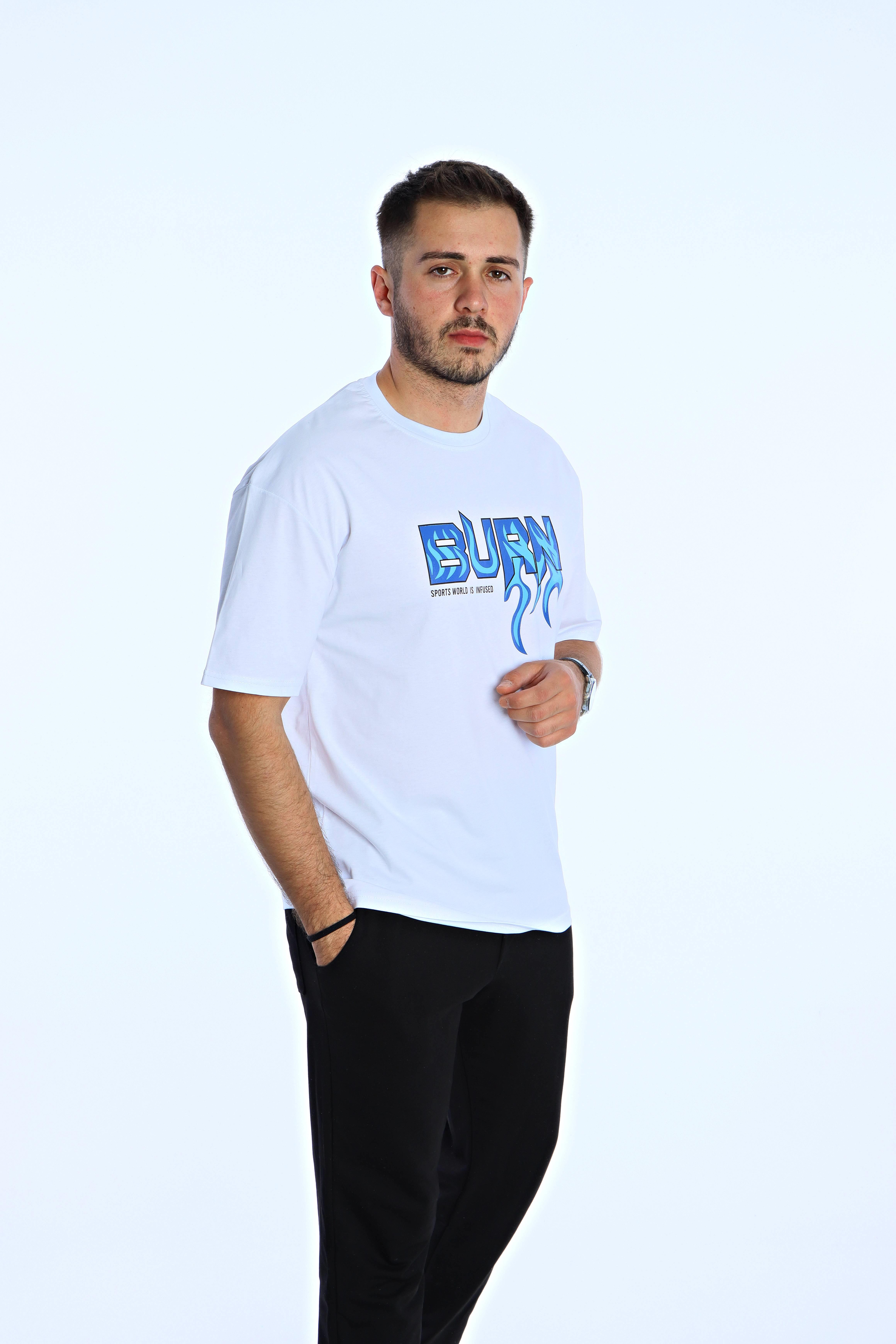 Burn Baskılı Oversize Tişört Beyaz