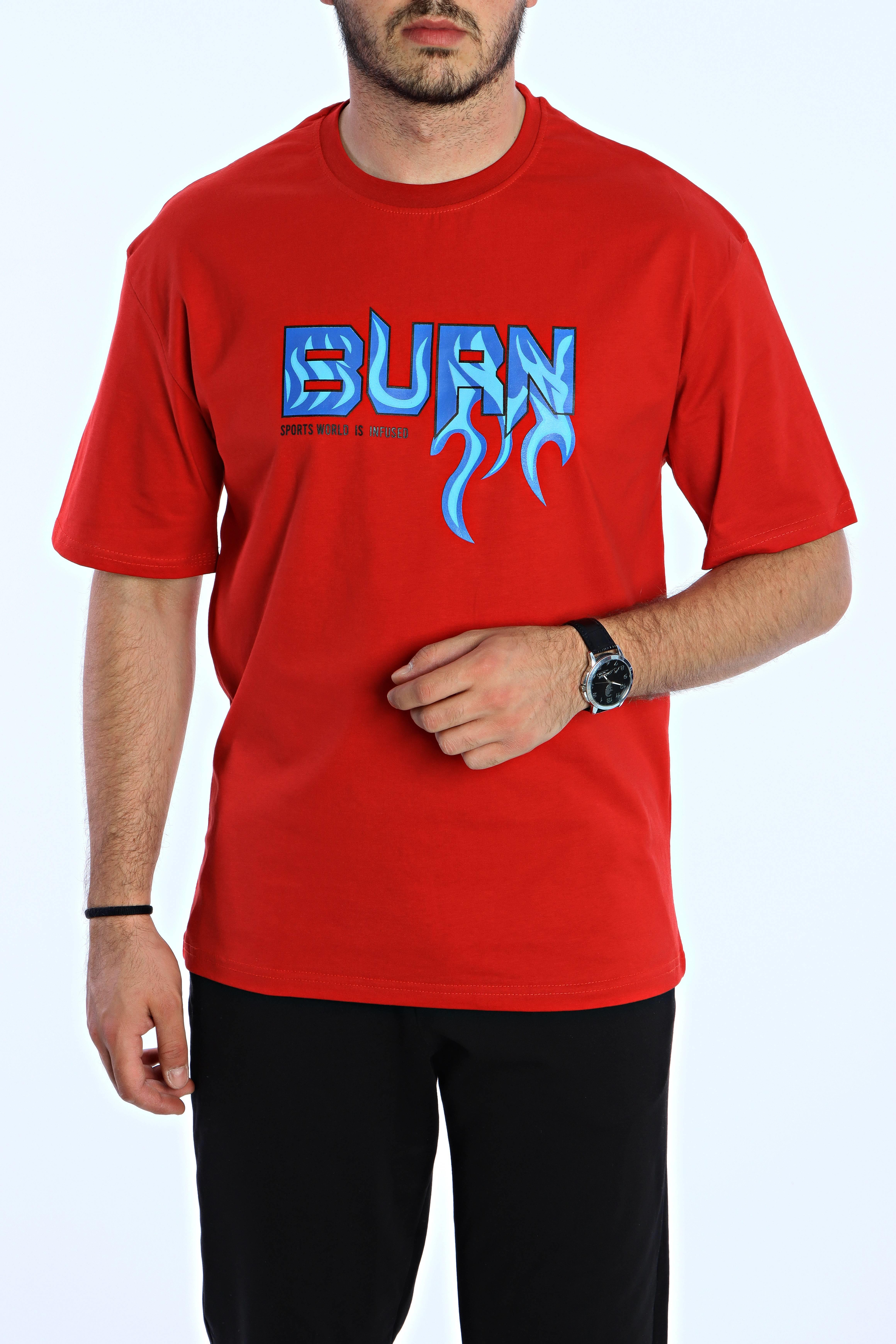 Burn Baskılı Oversize Tişört Kırmızı