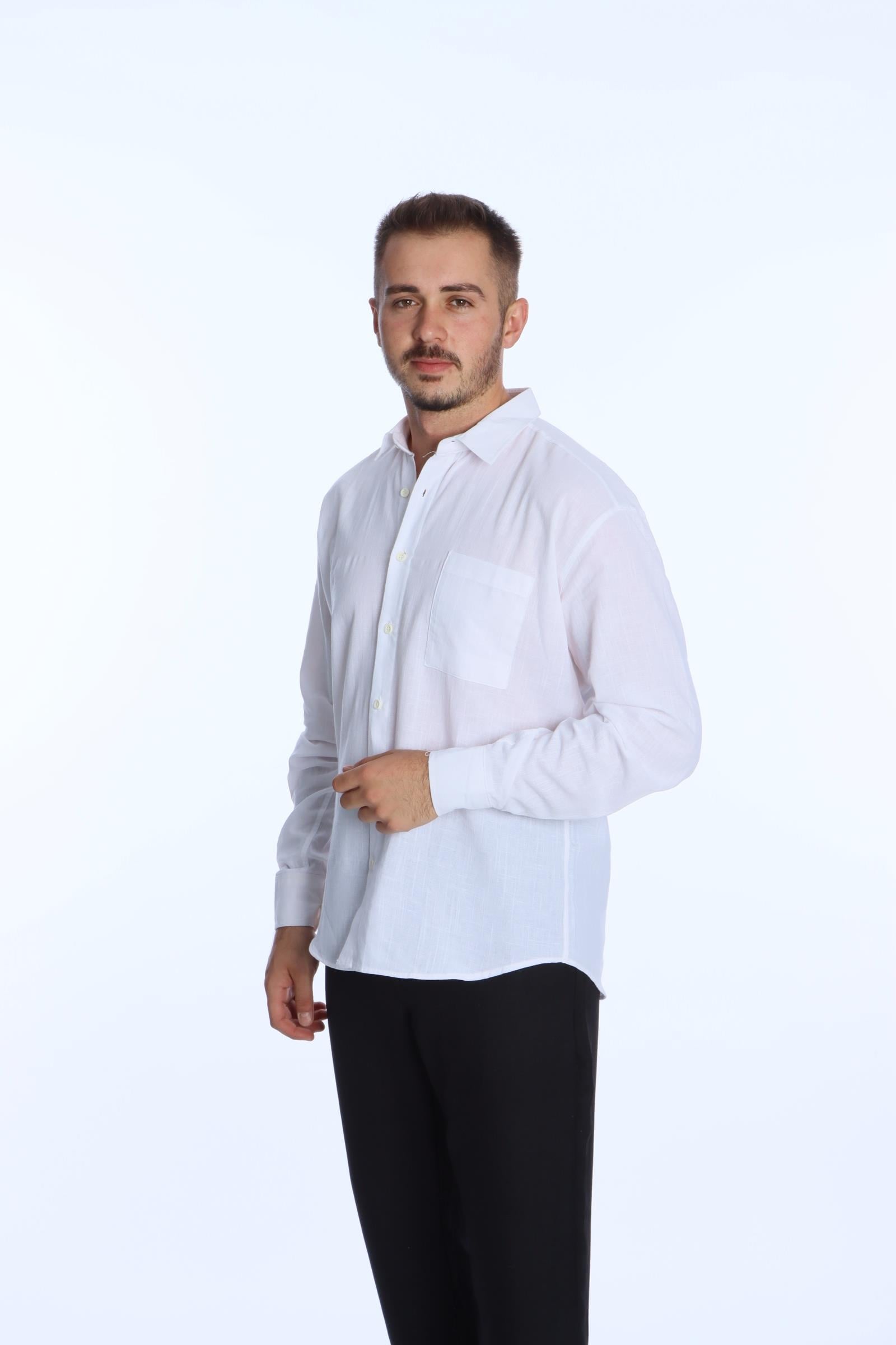 Buteks Ham Keten Tek Cepli Gömlek Beyaz