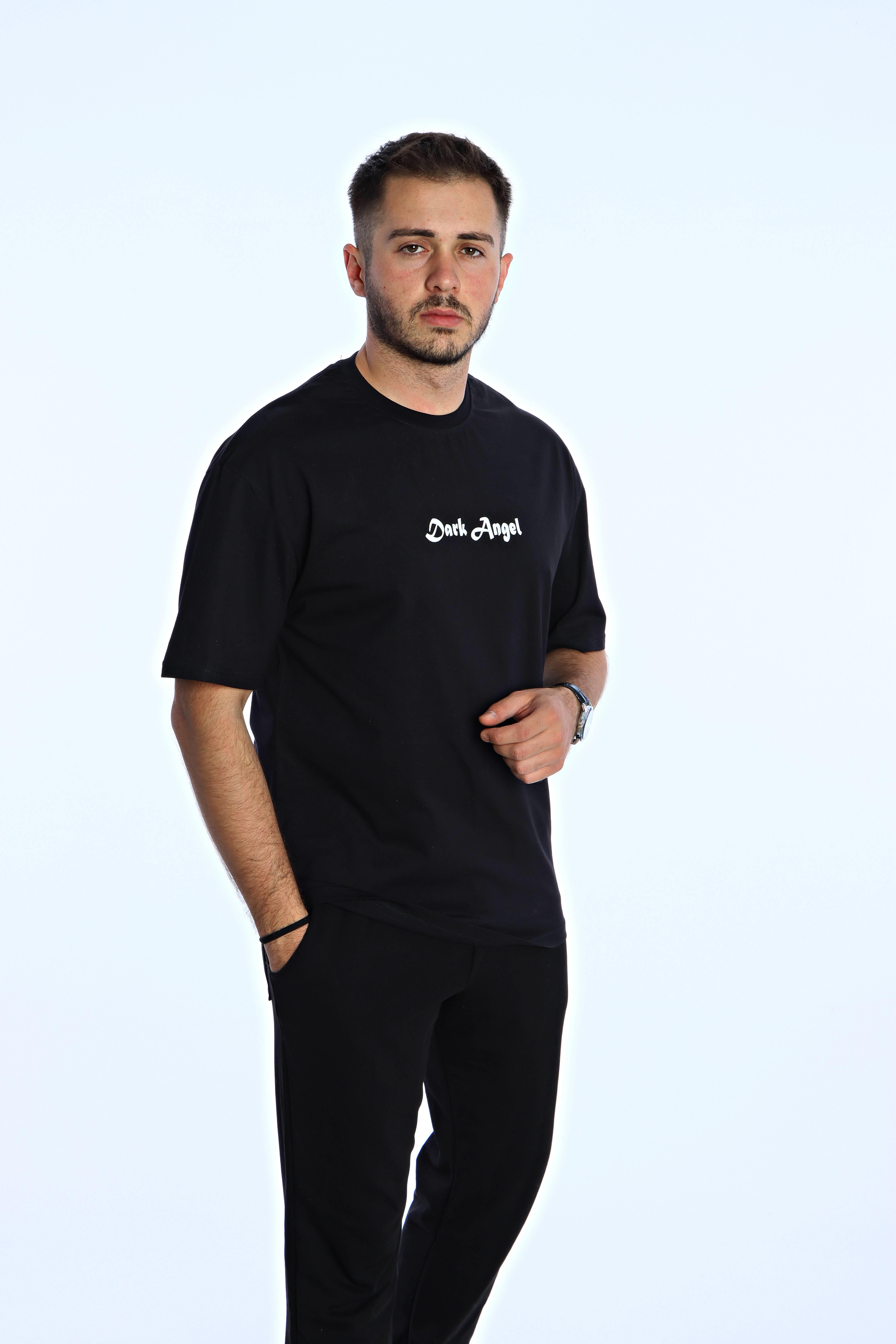 Dark Angel  Baskılı Oversize Tişört Siyah