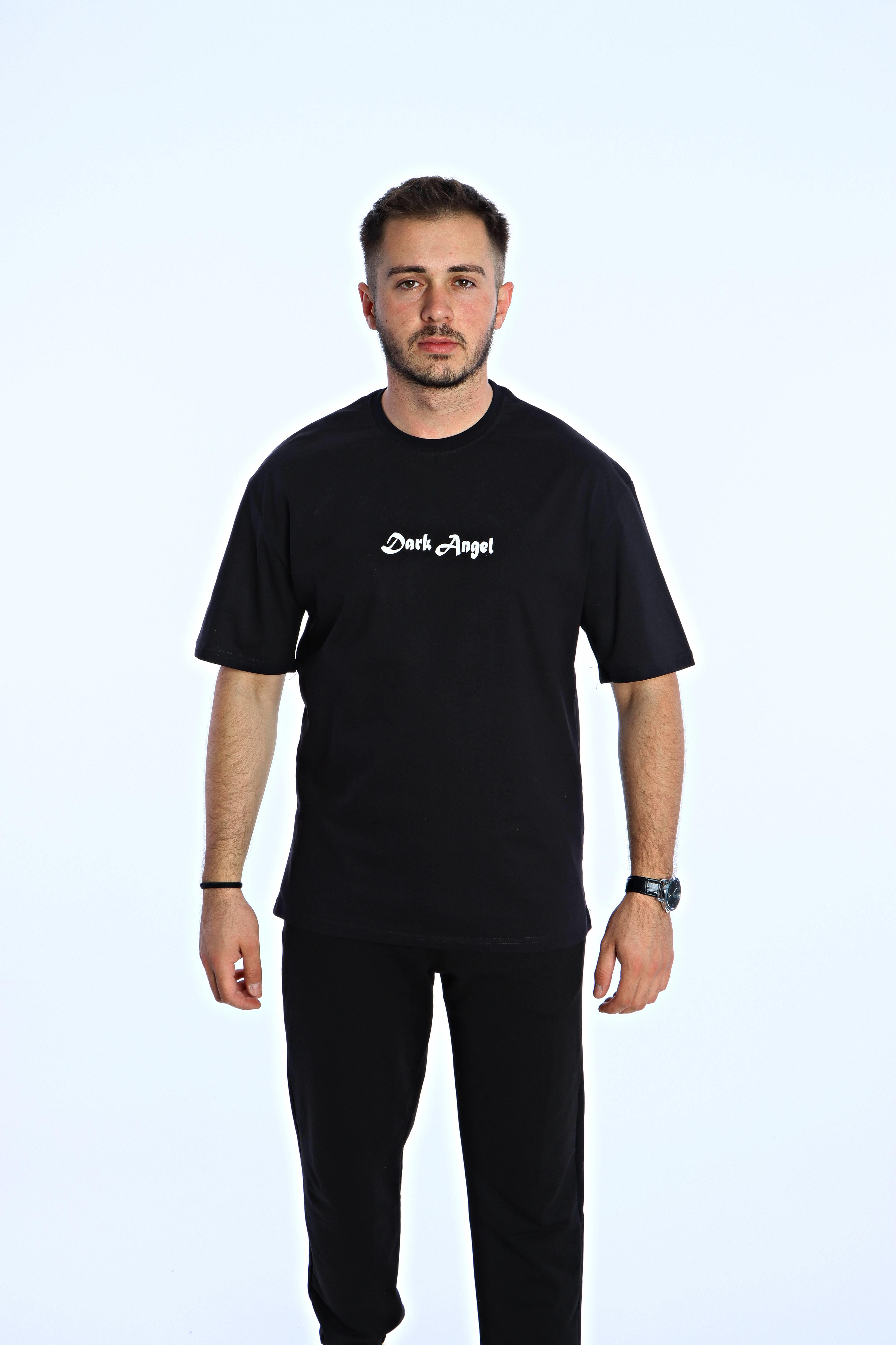 Dark Angel  Baskılı Oversize Tişört Siyah