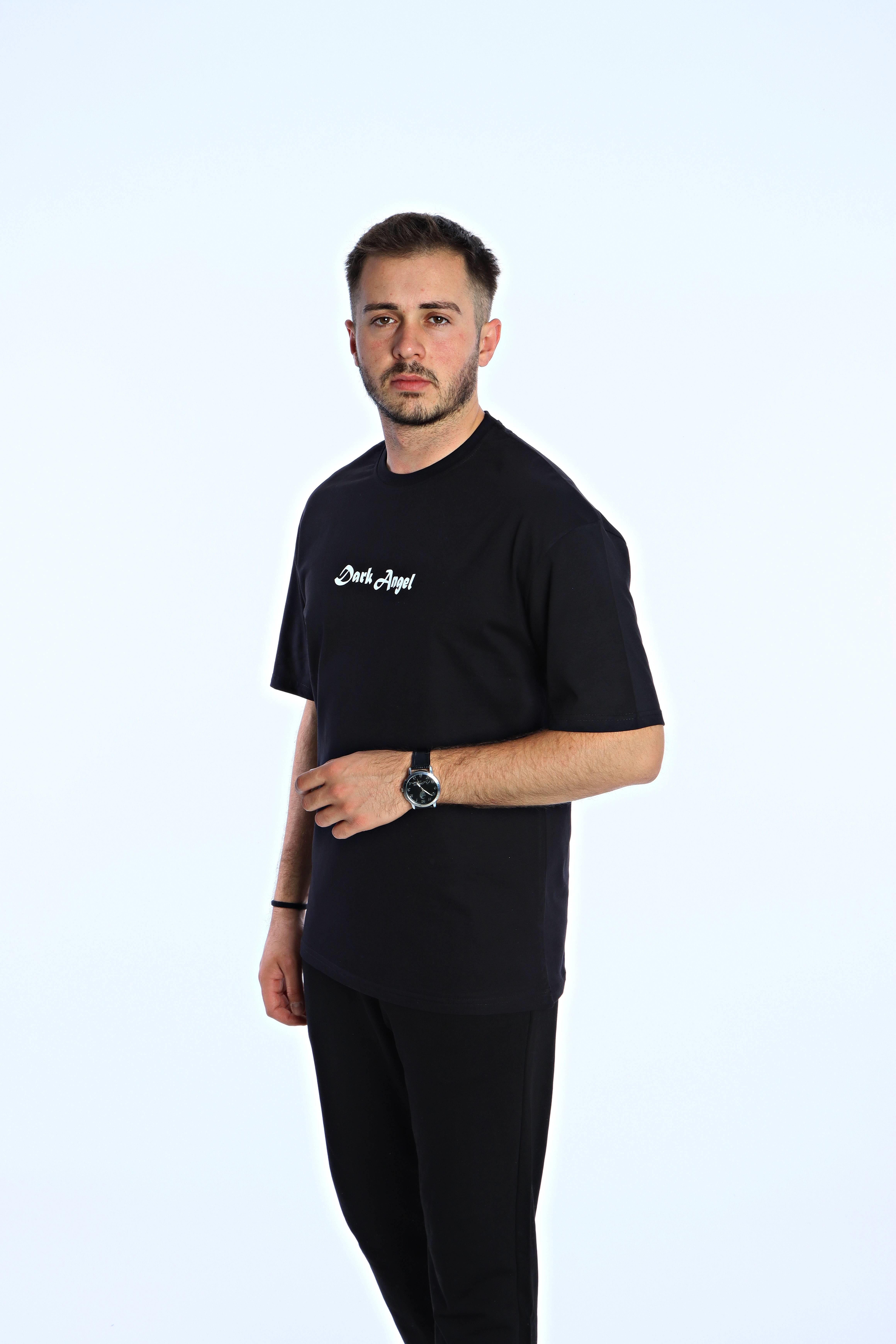 Dark Angel  Baskılı Oversize Tişört Siyah