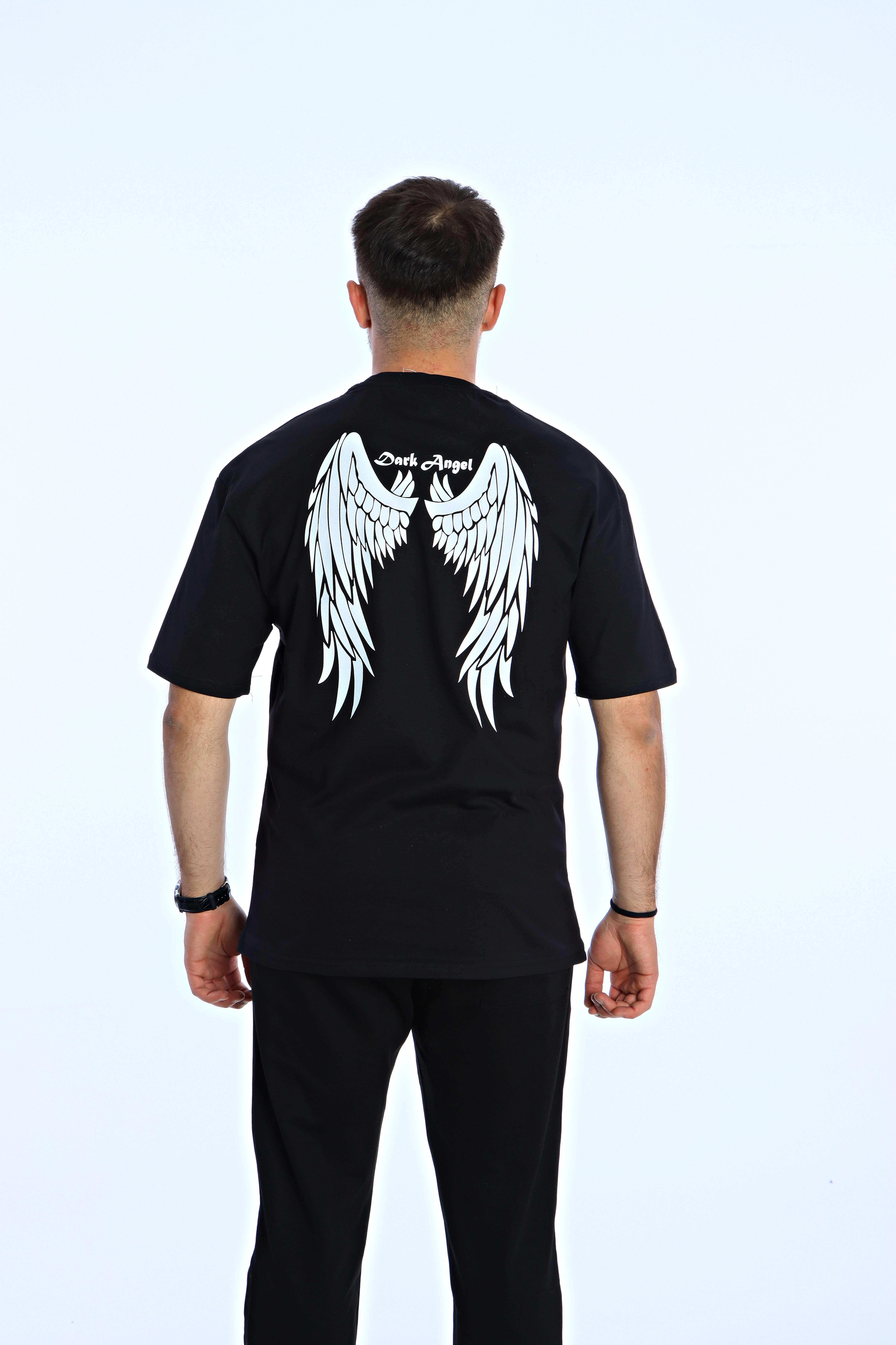 Dark Angel  Baskılı Oversize Tişört Siyah