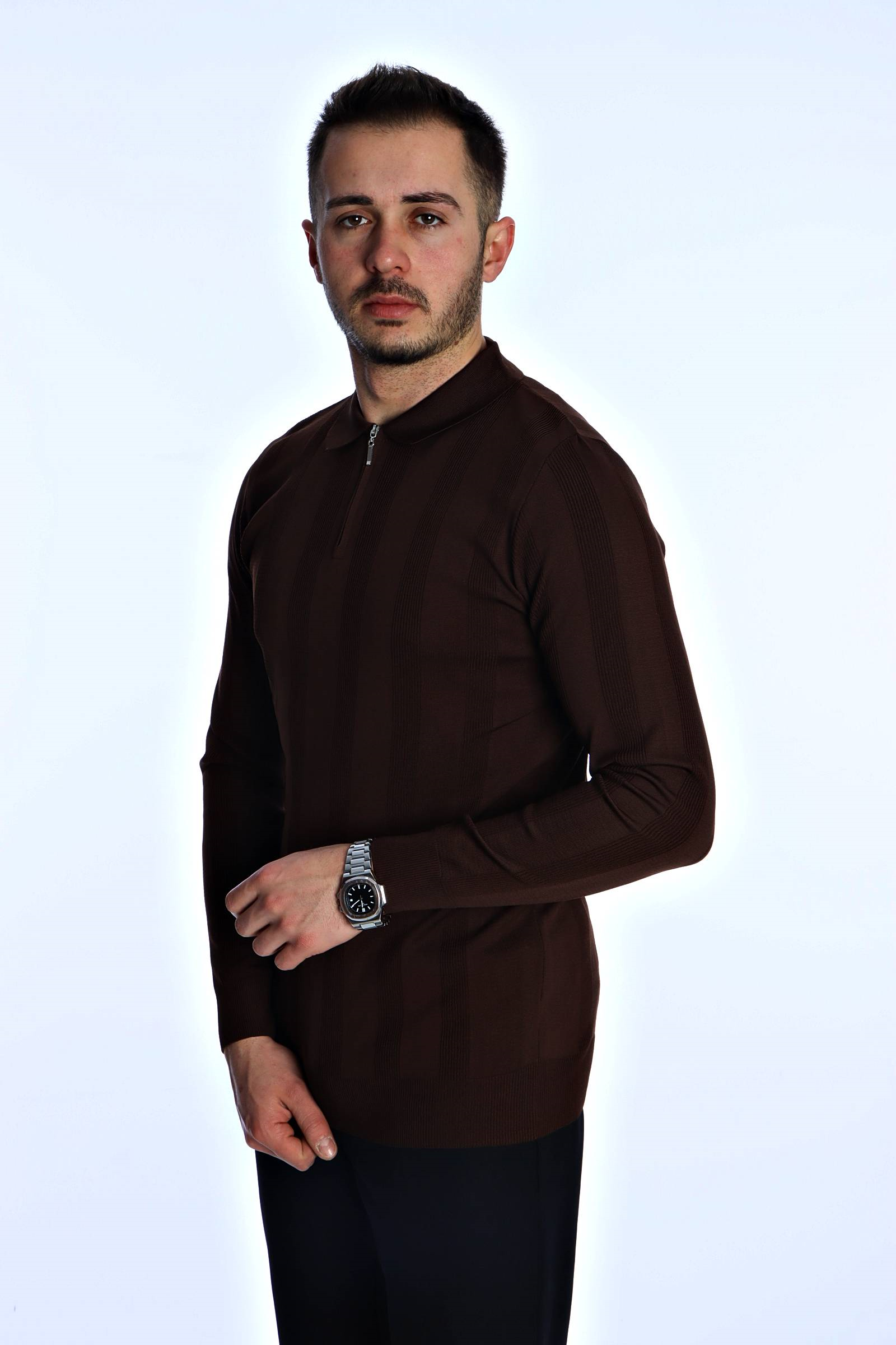 Eg38 Minimal Çizgi Fermuarlı Triko Kazak Kahve