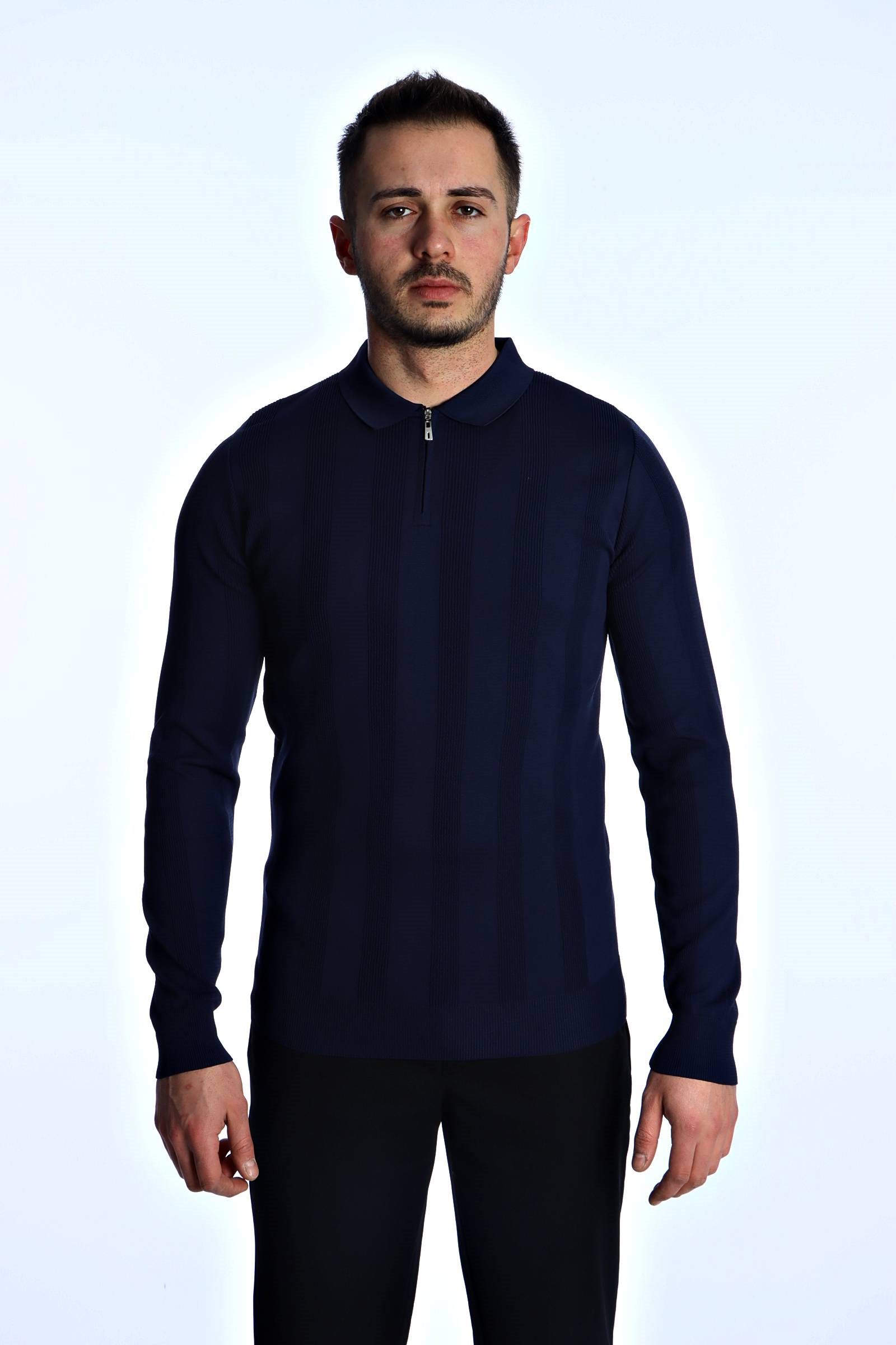 Eg38 Minimal Çizgi Fermuarlı Triko Kazak Lacivert