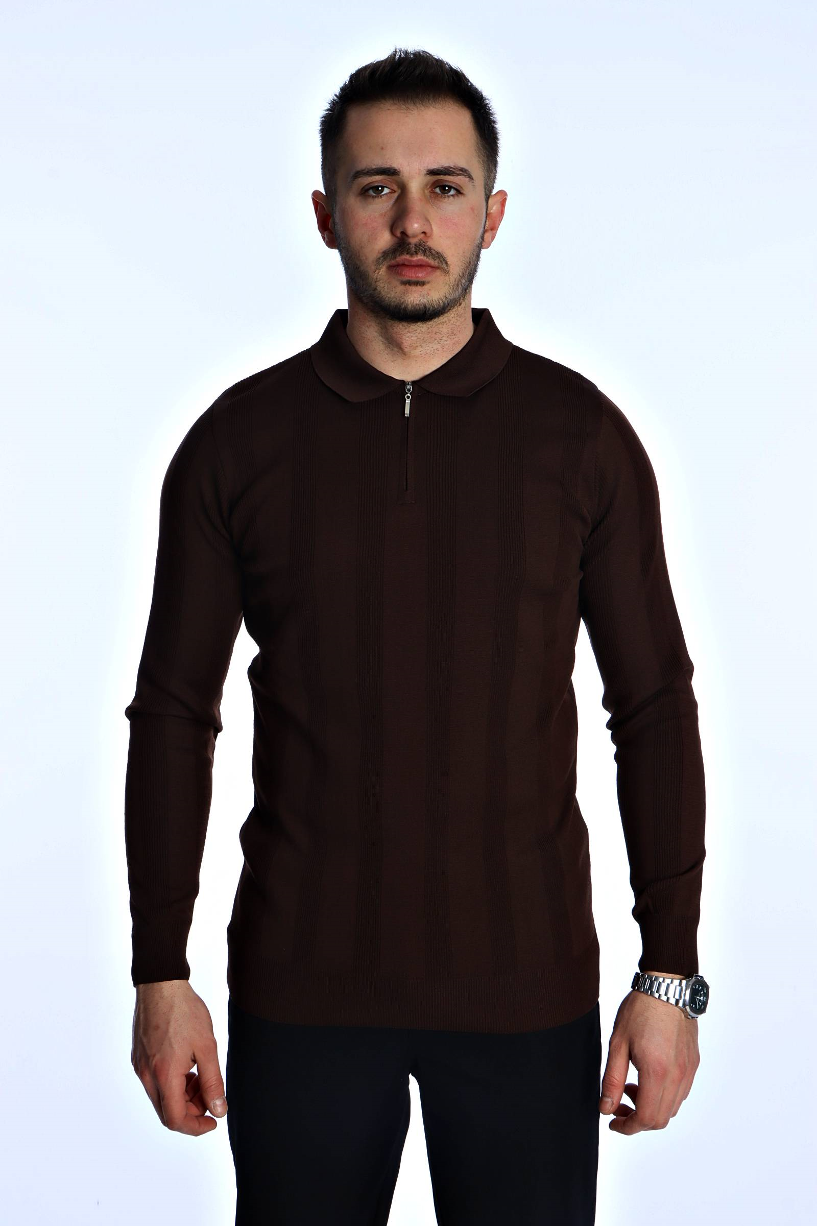 Eg38 Minimal Çizgi Fermuarlı Triko Kazak Kahve
