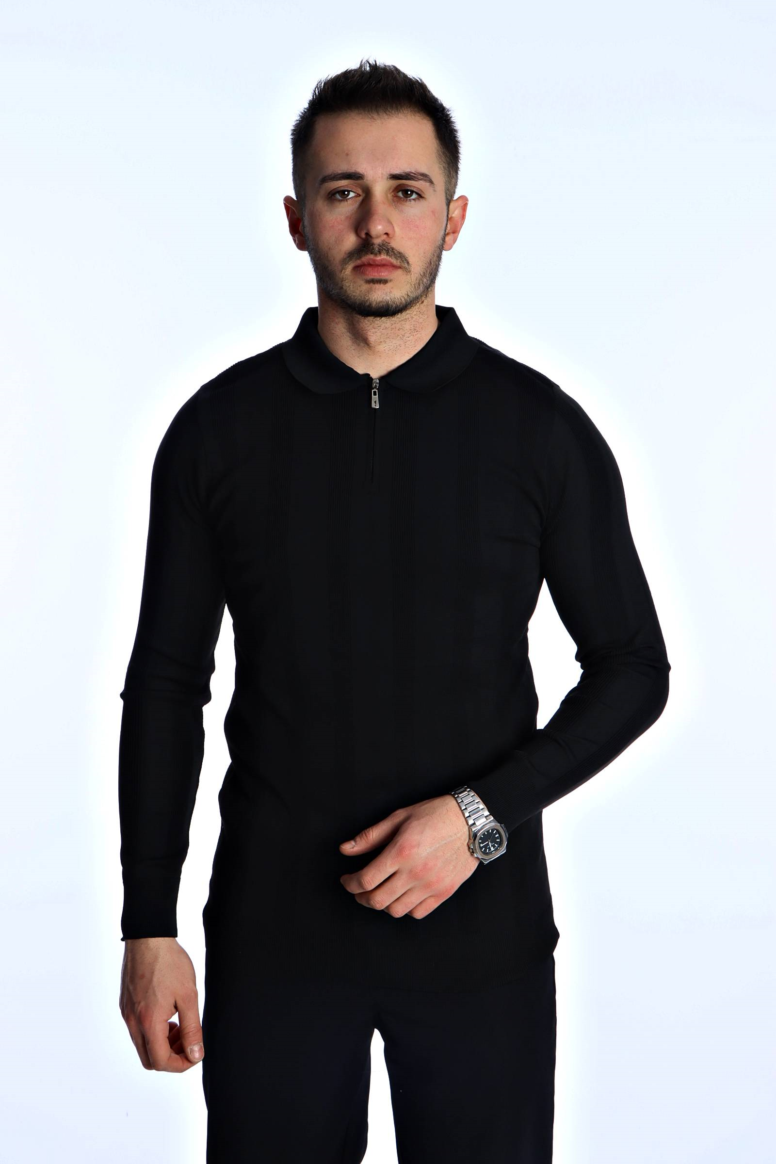 Eg38 Minimal Çizgi Fermuarlı Triko Kazak Siyah