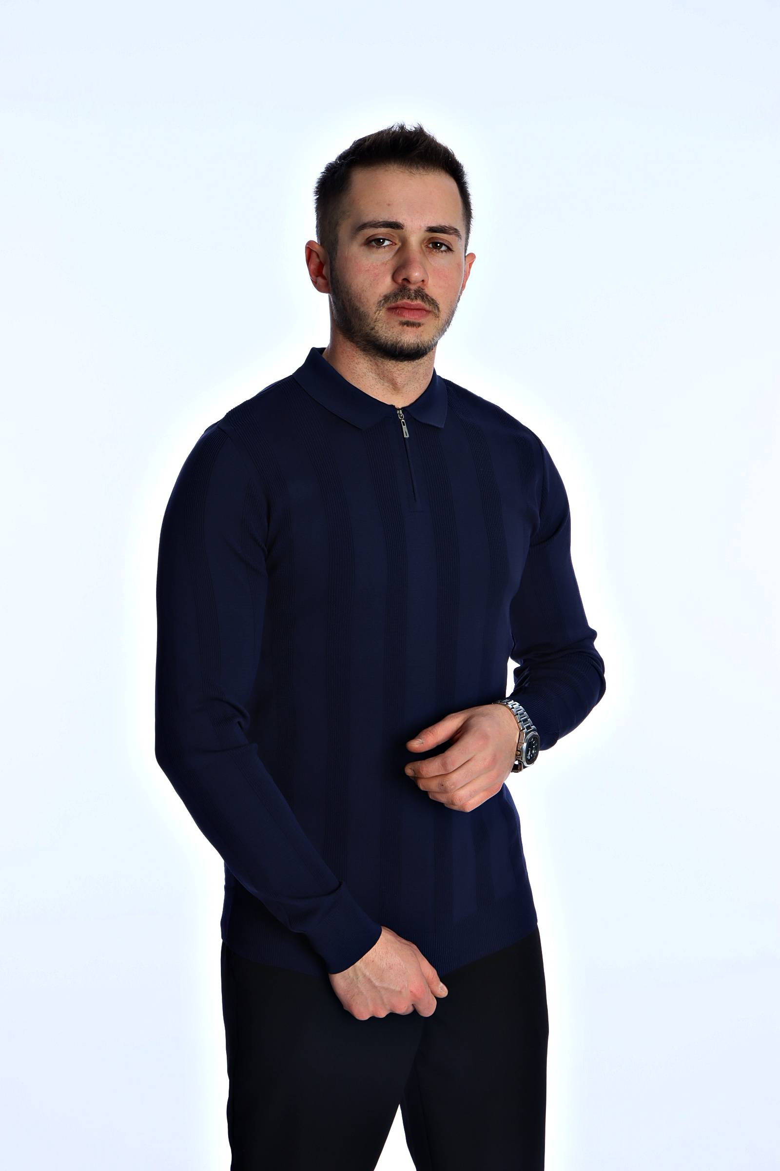Eg38 Minimal Çizgi Fermuarlı Triko Kazak Lacivert